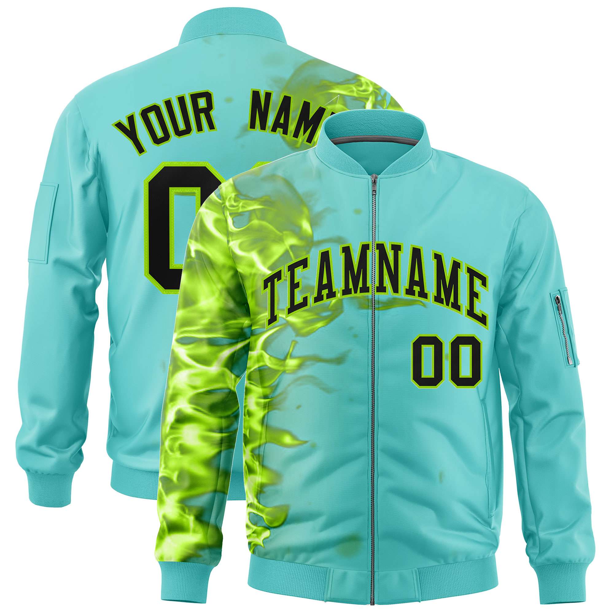 Custom Bright Green 3D Flame Varsity Full-Zip Letterman Bomber Jacket