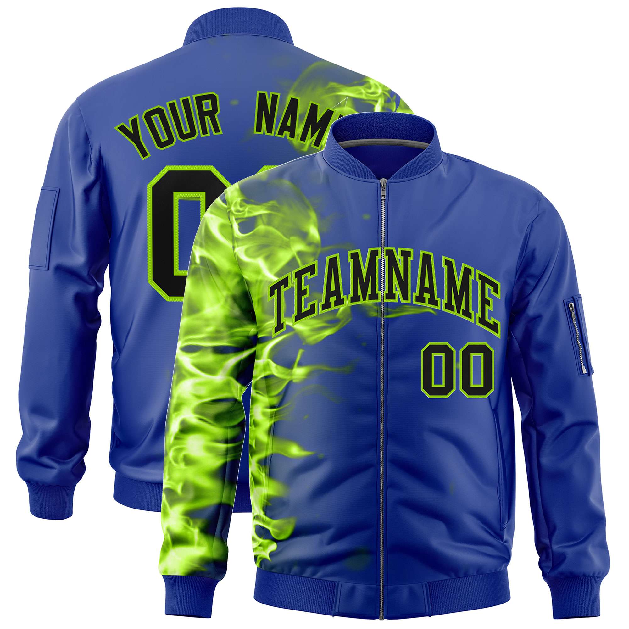 Custom Royal 3D Flame Varsity Full-Zip Letterman Bomber Jacket