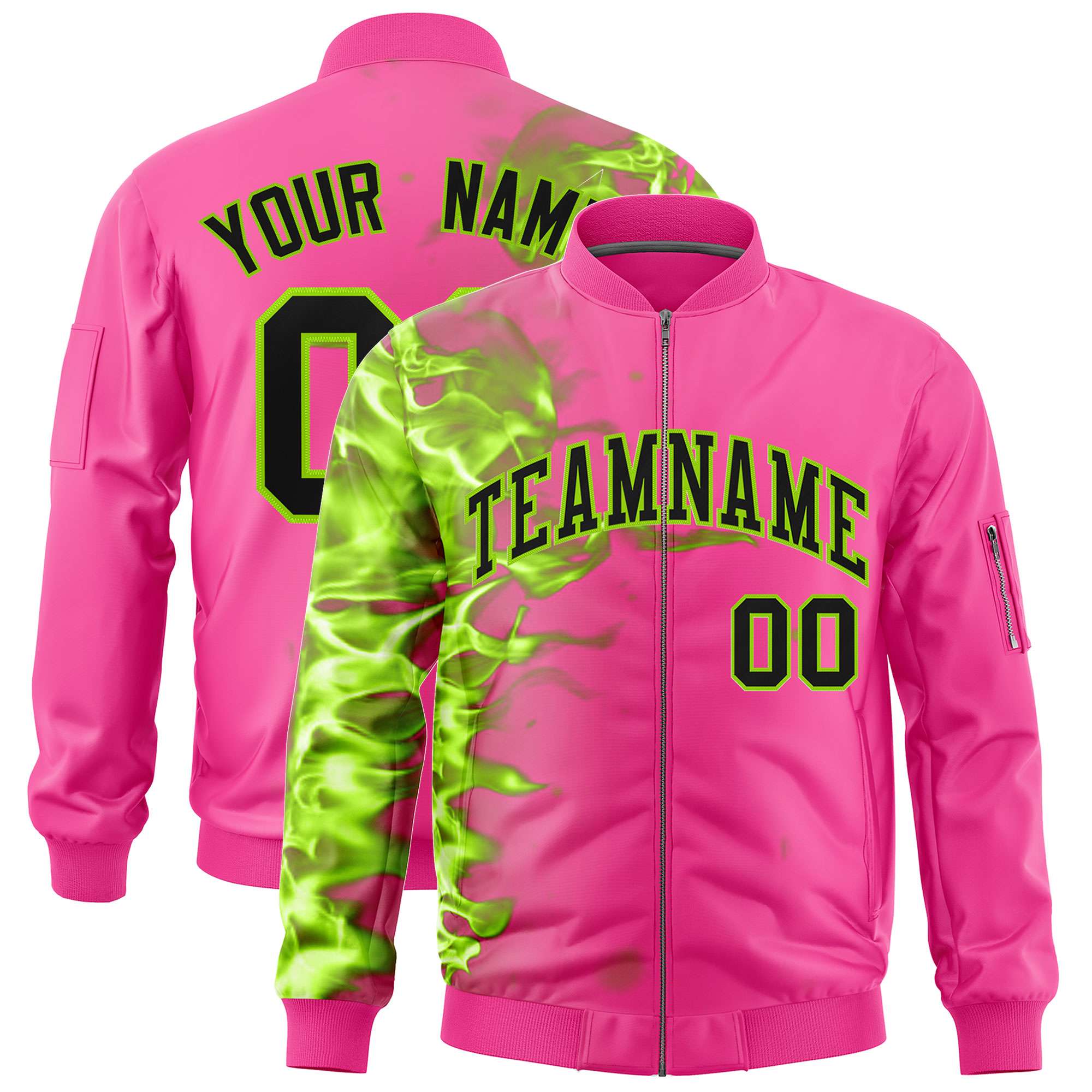 Custom Pink 3D Flame Varsity Full-Zip Letterman Bomber Jacket