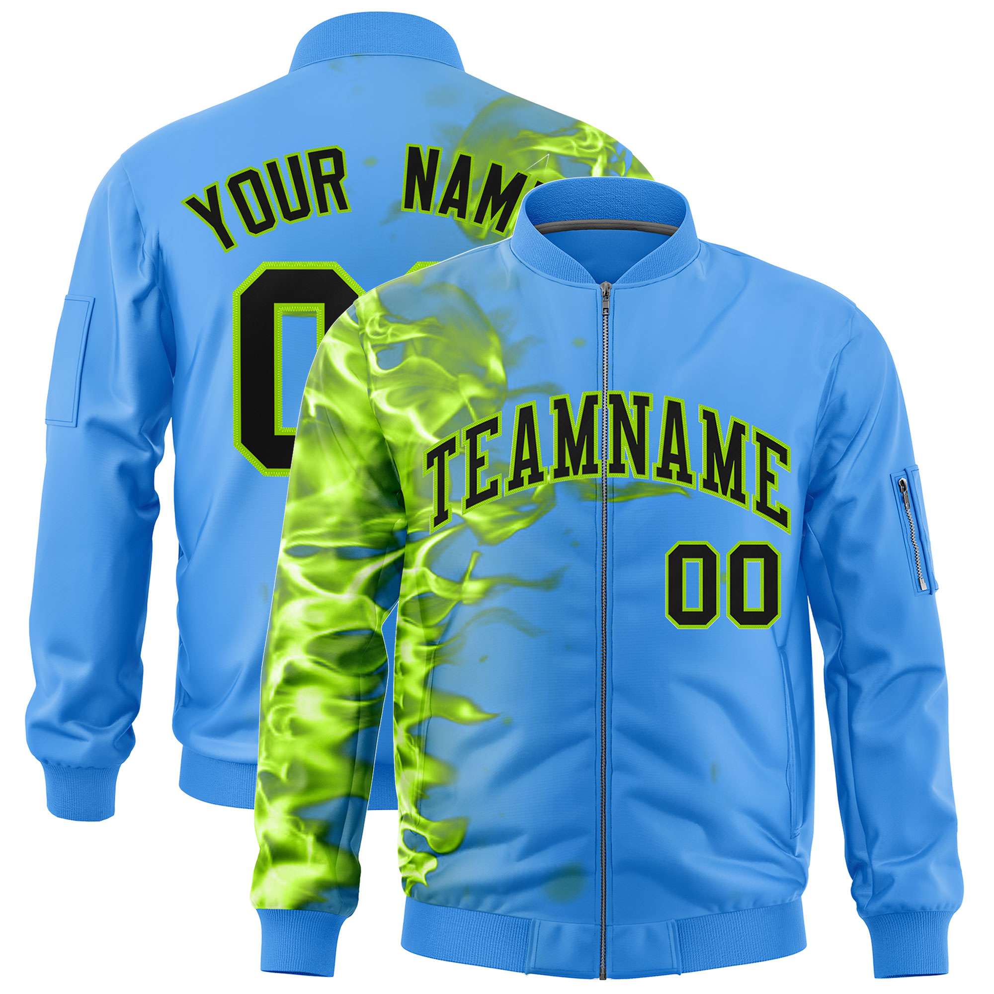 Custom Powder Blue 3D Flame Varsity Full-Zip Letterman Bomber Jacket