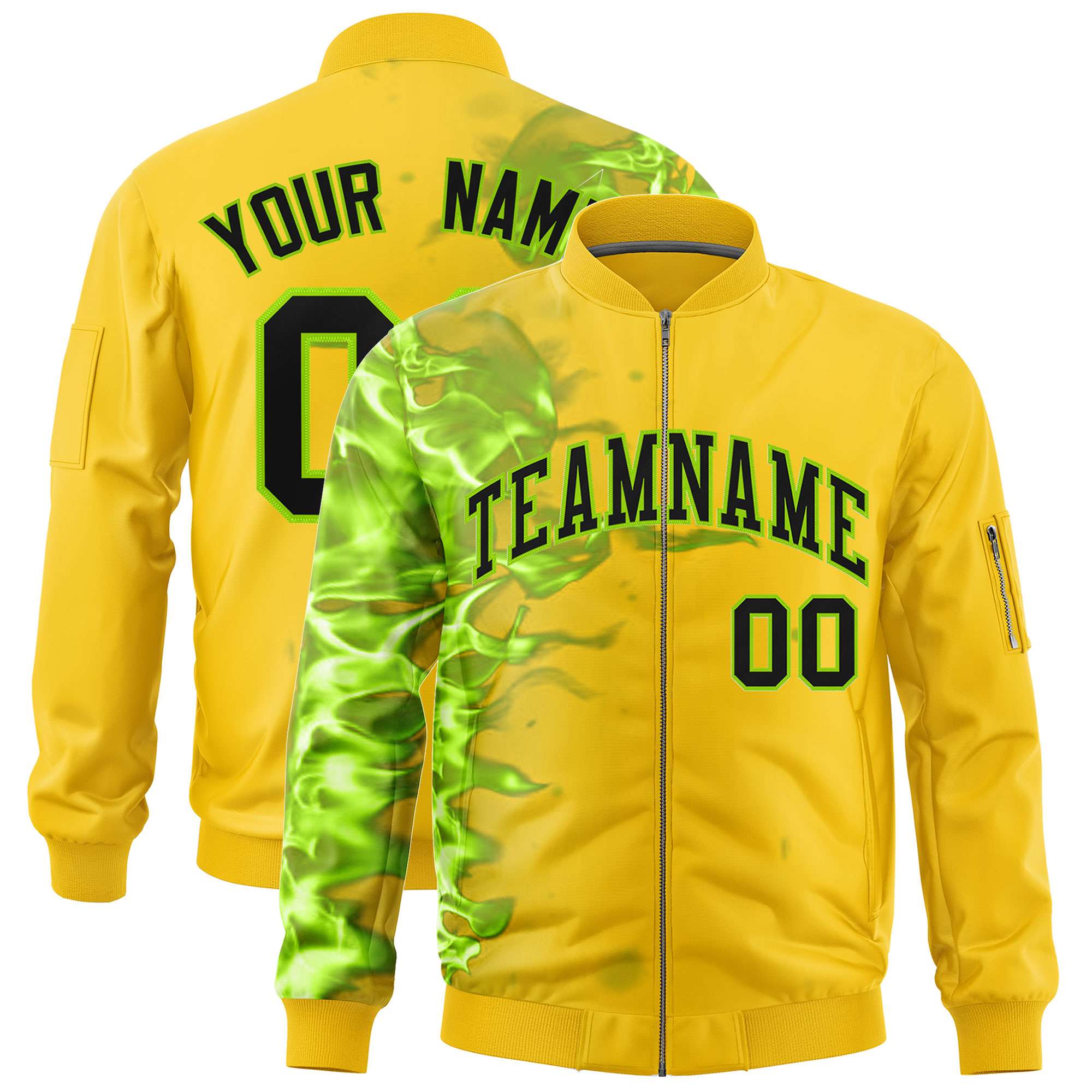 Custom Gold 3D Flame Varsity Full-Zip Letterman Bomber Jacket