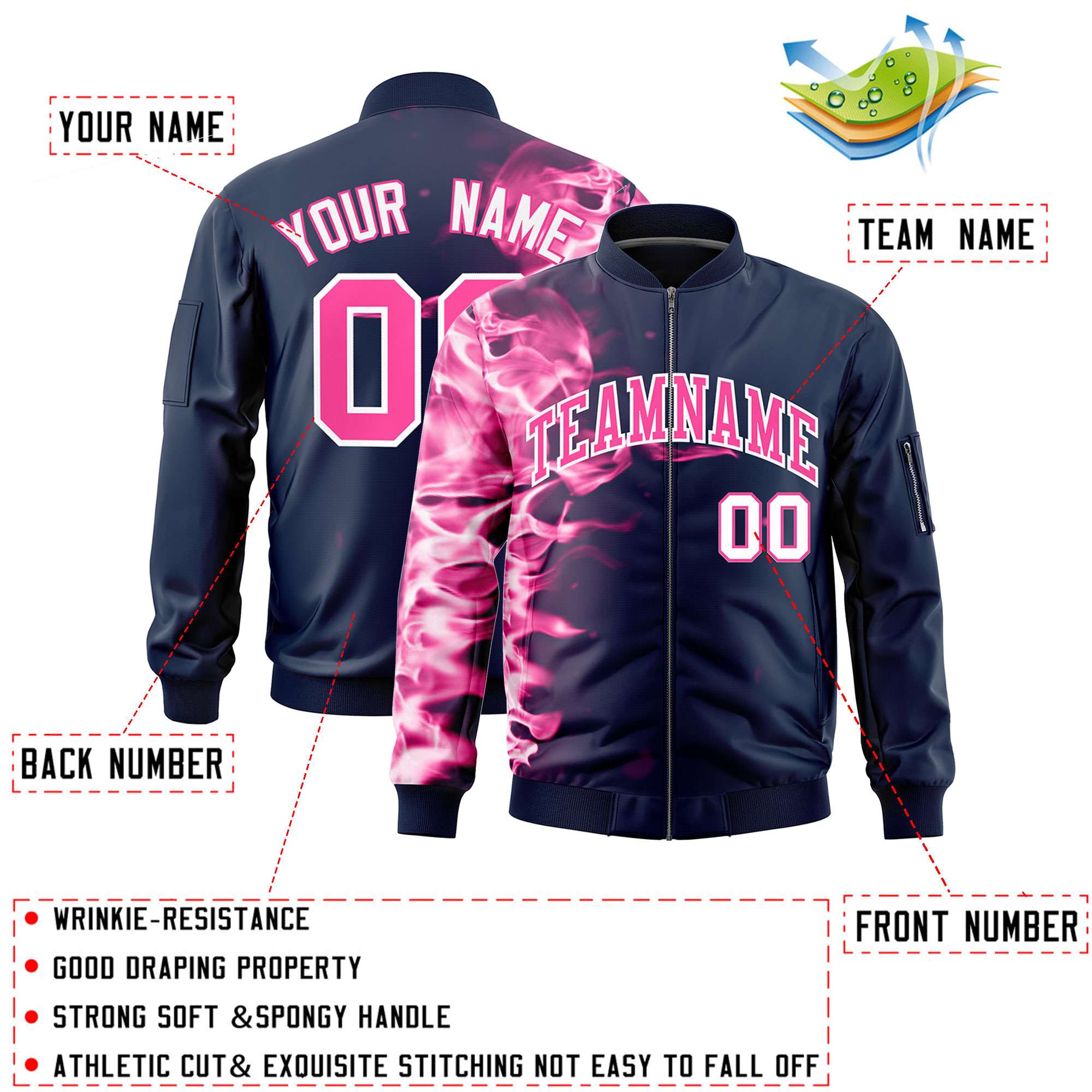 Custom Navy 3D Flame Varsity Full-Zip Letterman Bomber Jacket