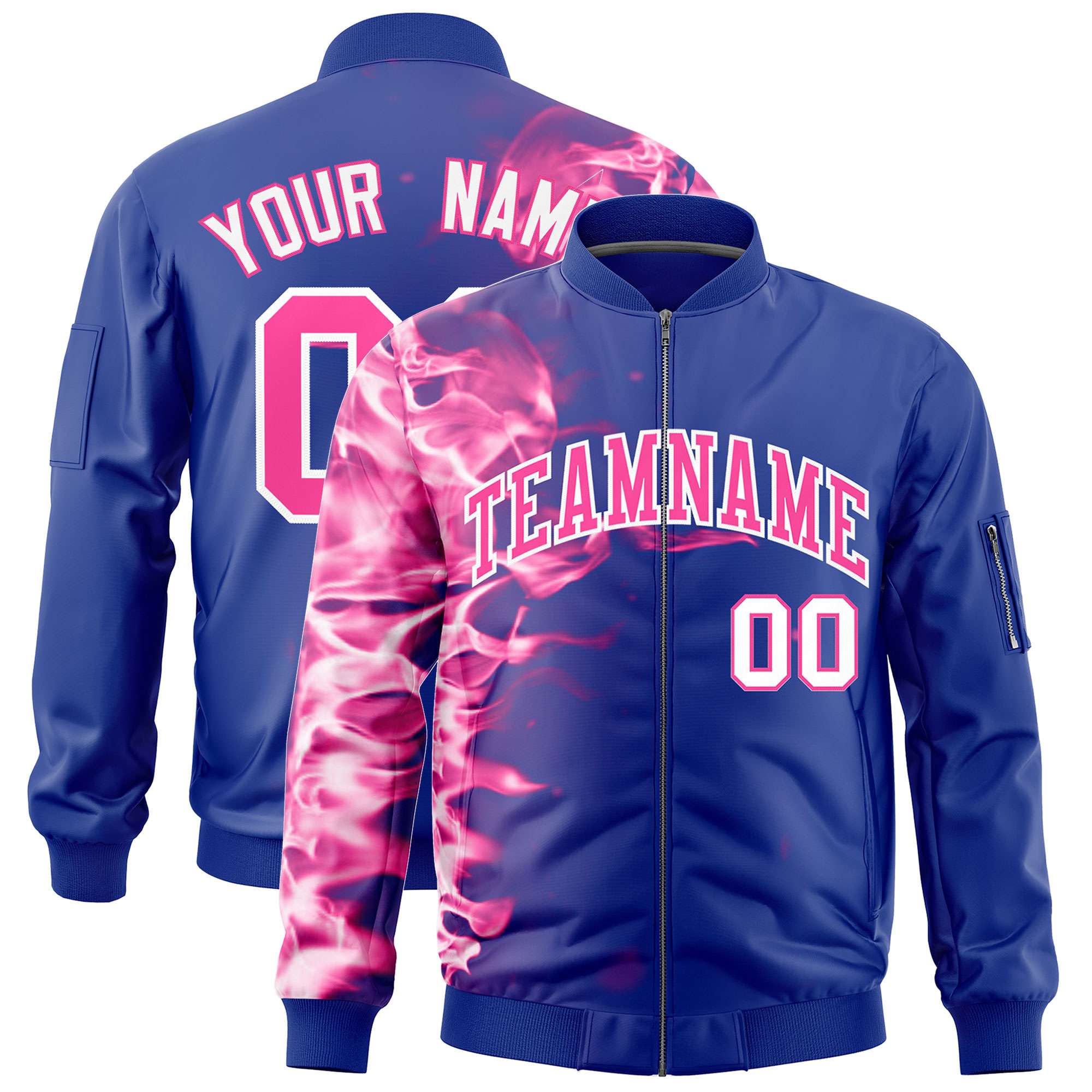 Custom Royal 3D Flame Varsity Full-Zip Letterman Bomber Jacket