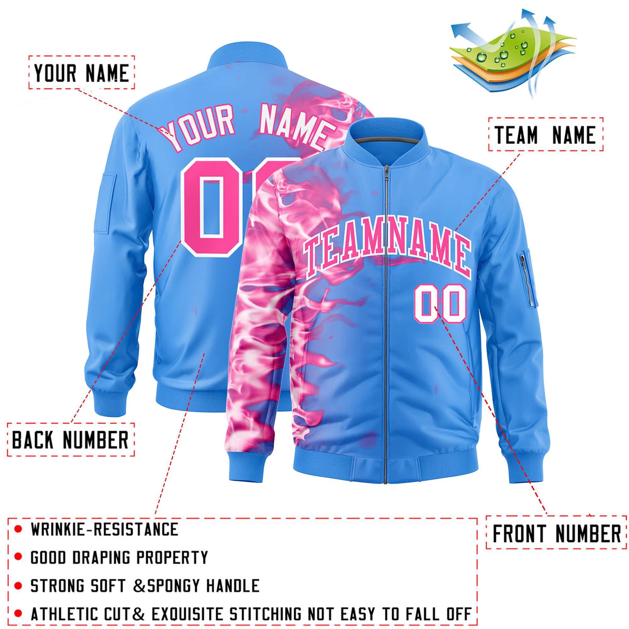 Custom Powder Blue 3D Flame Varsity Full-Zip Letterman Bomber Jacket