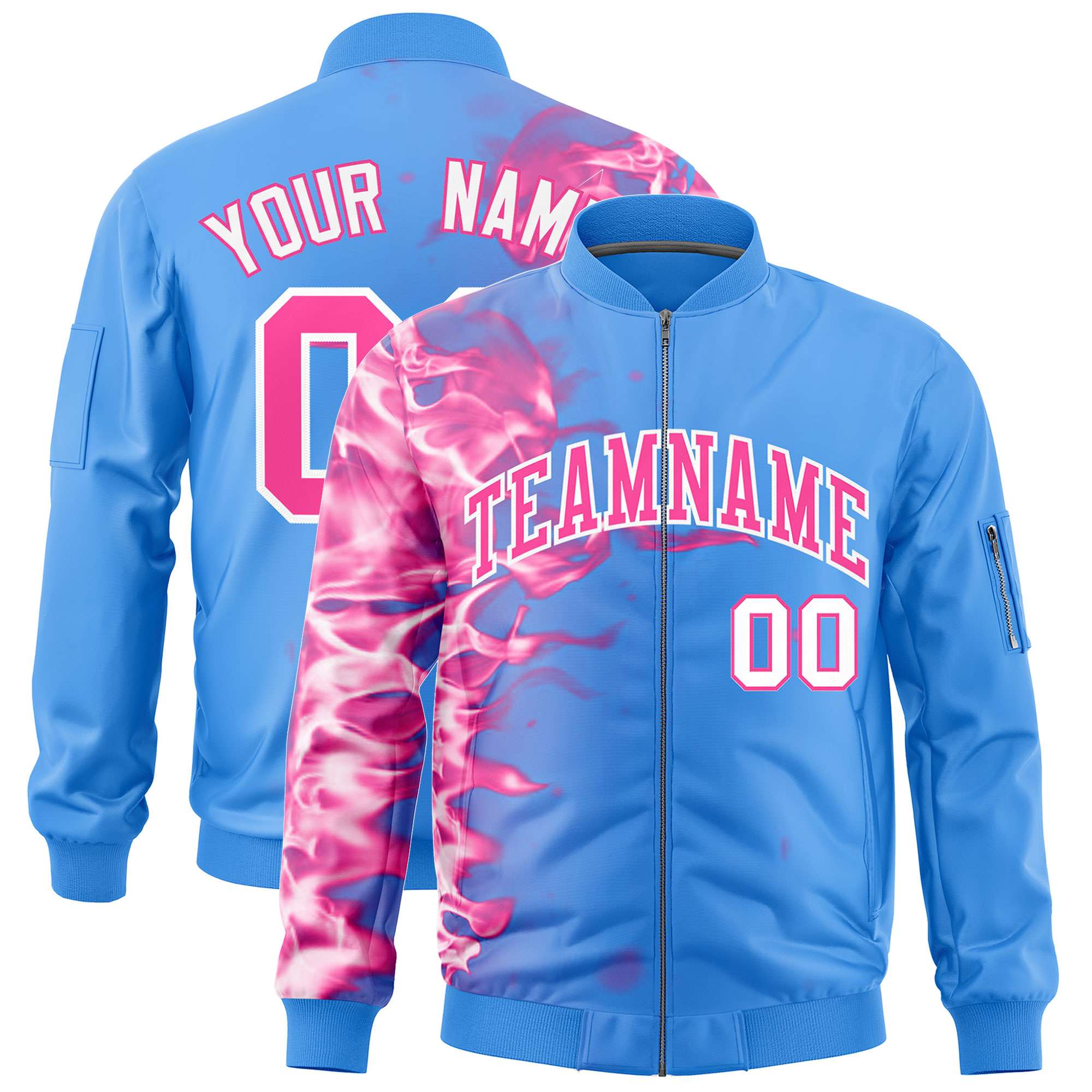 Custom Powder Blue 3D Flame Varsity Full-Zip Letterman Bomber Jacket