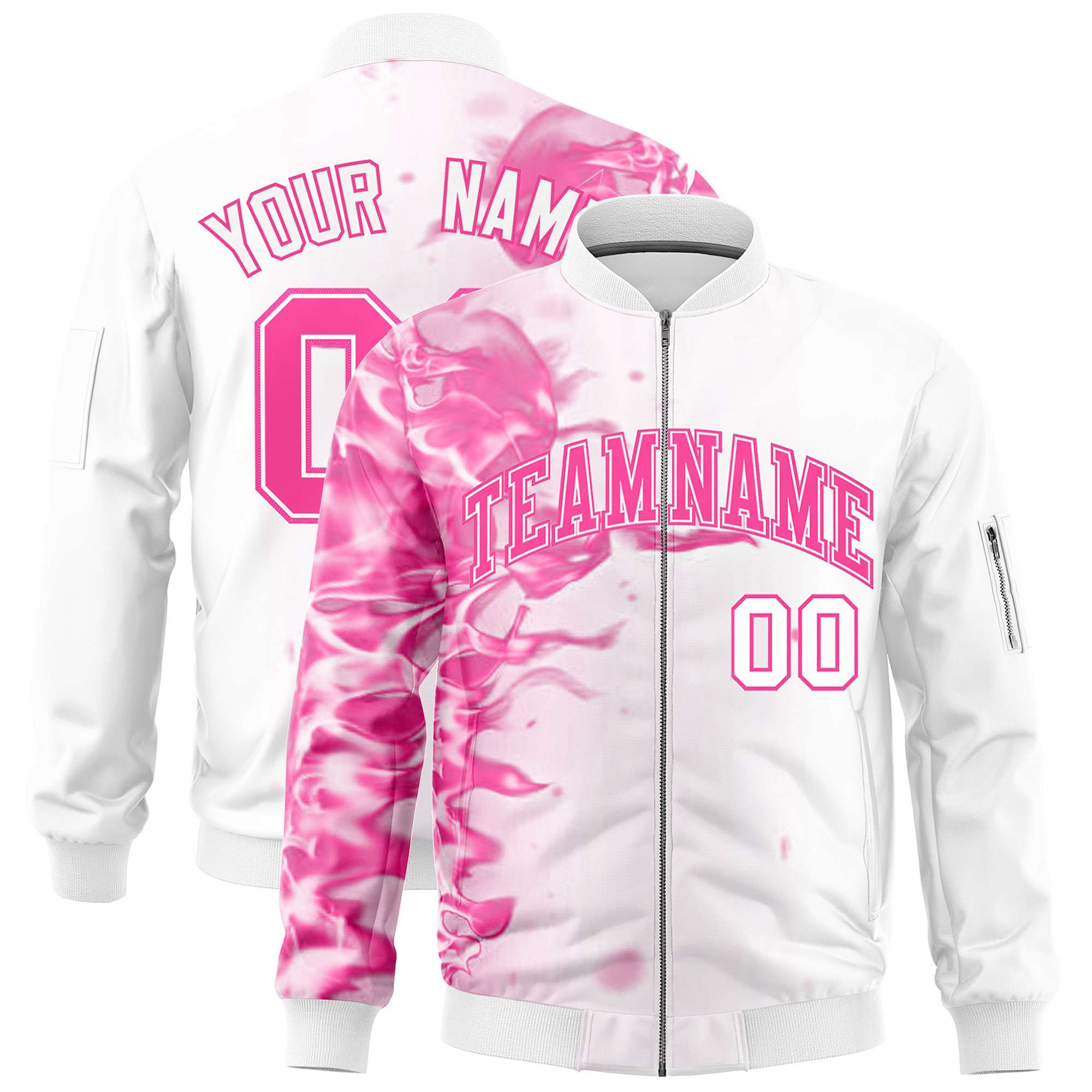 Custom White 3D Flame Varsity Full-Zip Letterman Bomber Jacket