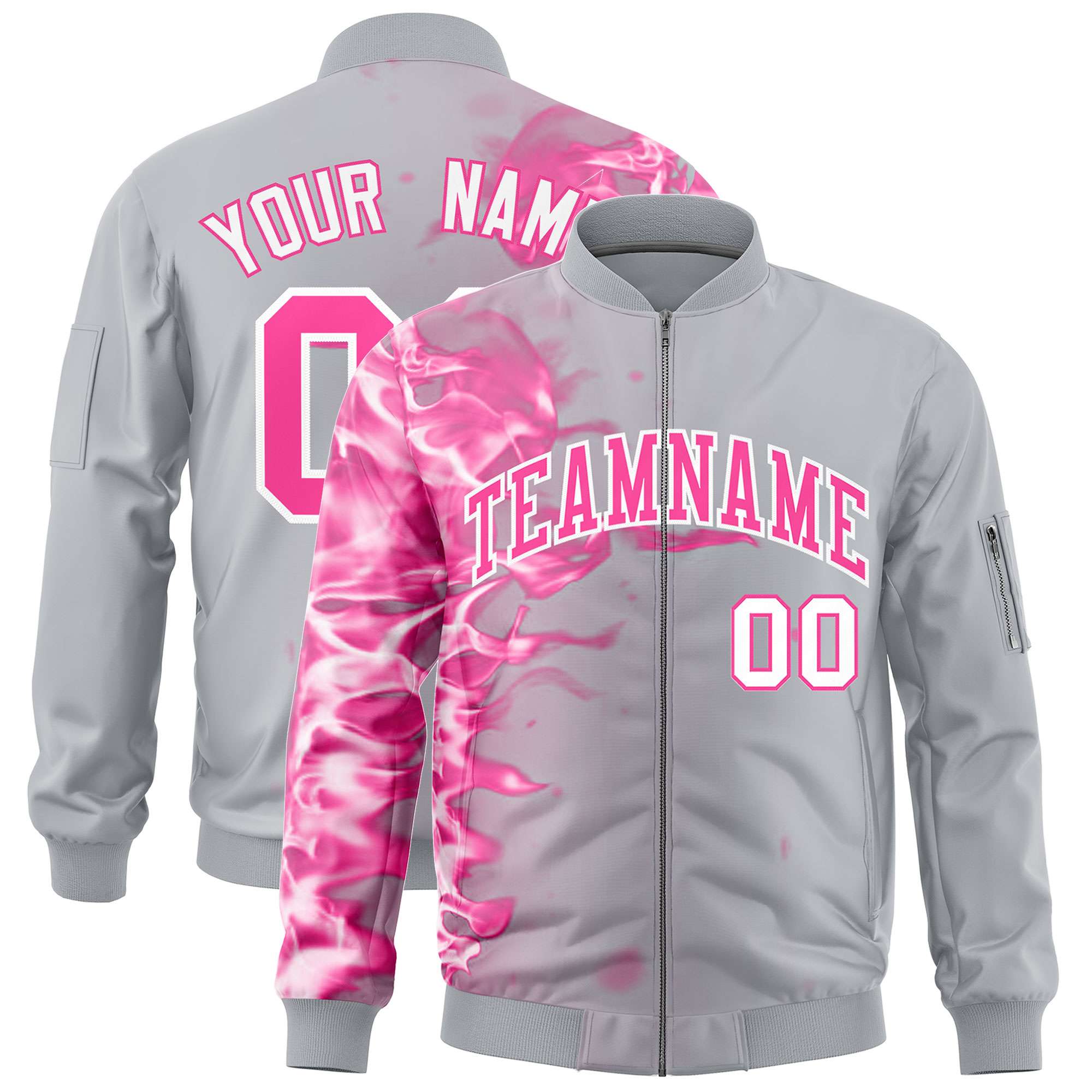 Custom Silver 3D Flame Varsity Full-Zip Letterman Bomber Jacket