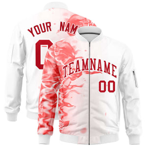 Custom White 3D Flame Varsity Full-Zip Letterman Bomber Jacket