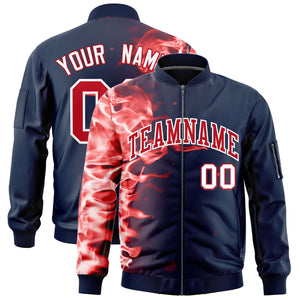 Custom Navy 3D Flame Varsity Full-Zip Letterman Bomber Jacket