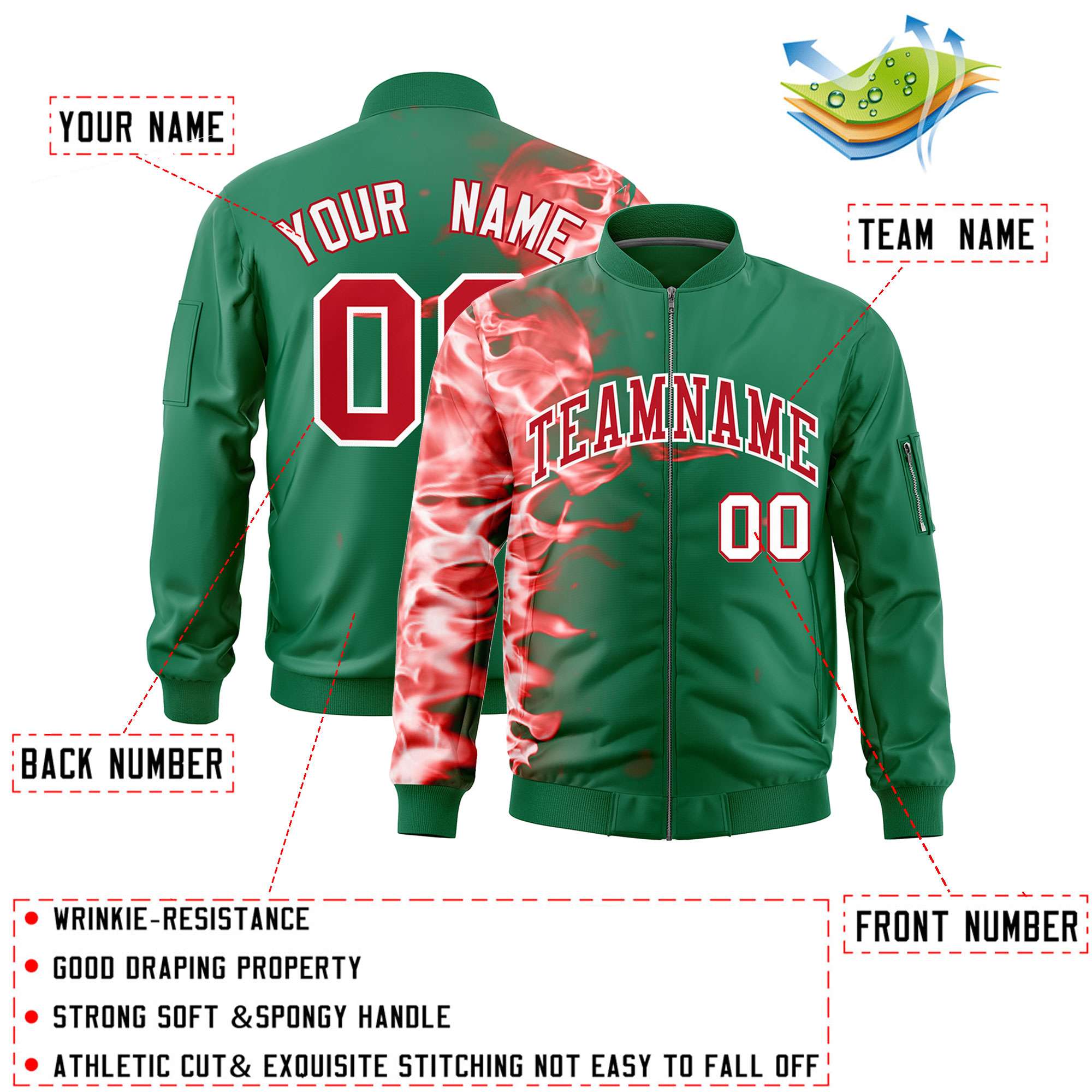 Custom Kelly Green 3D Flame Varsity Full-Zip Letterman Bomber Jacket