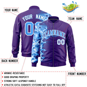 Custom Purple 3D Flame Varsity Full-Zip Letterman Bomber Jacket