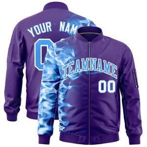 Custom Purple 3D Flame Varsity Full-Zip Letterman Bomber Jacket