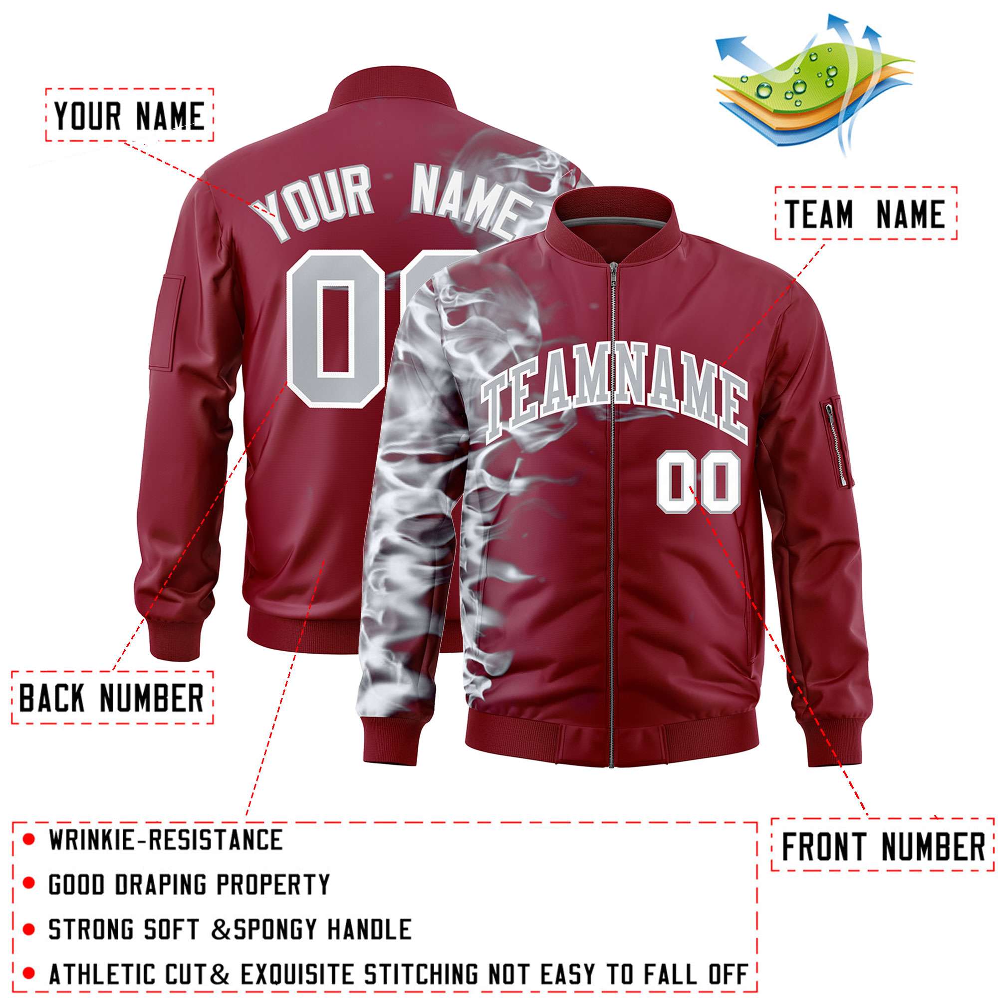 Custom Crimson 3D Flame Varsity Full-Zip Letterman Bomber Jacket