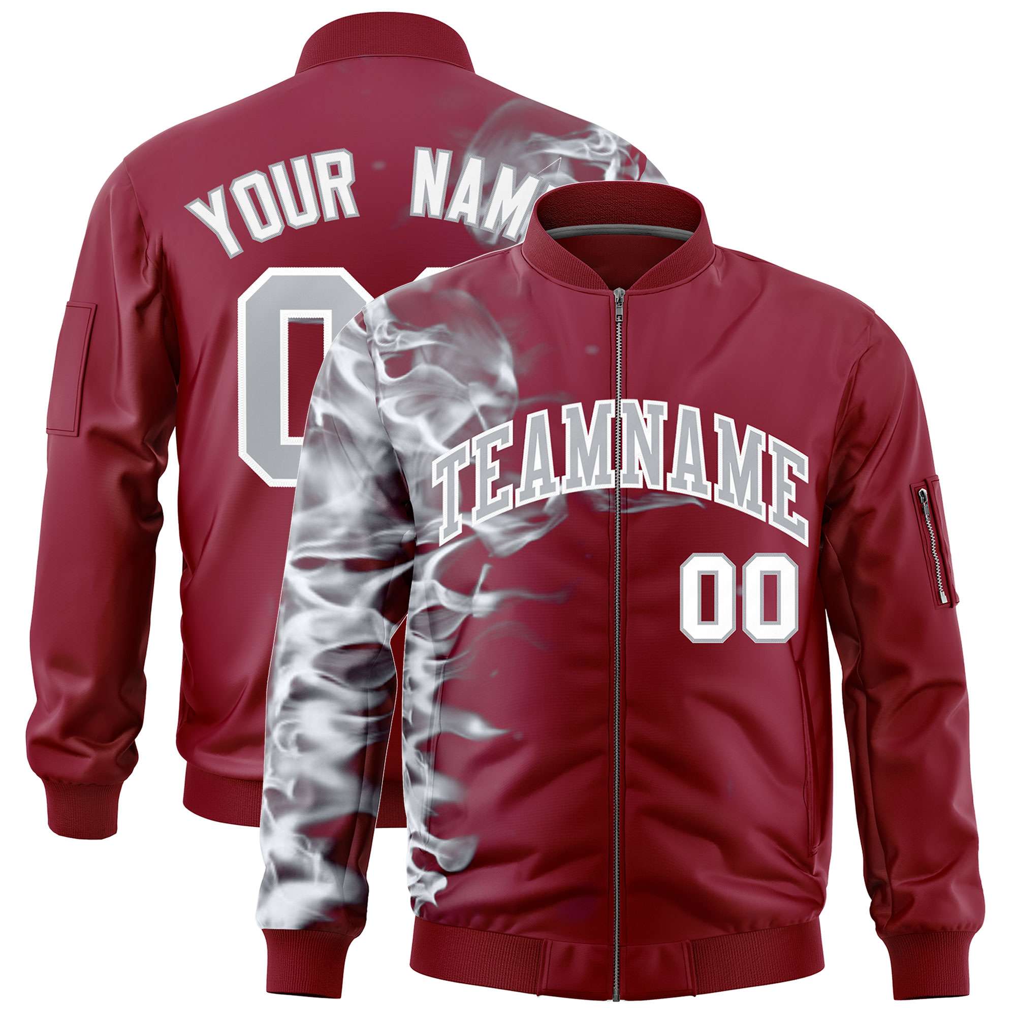 Custom Crimson 3D Flame Varsity Full-Zip Letterman Bomber Jacket