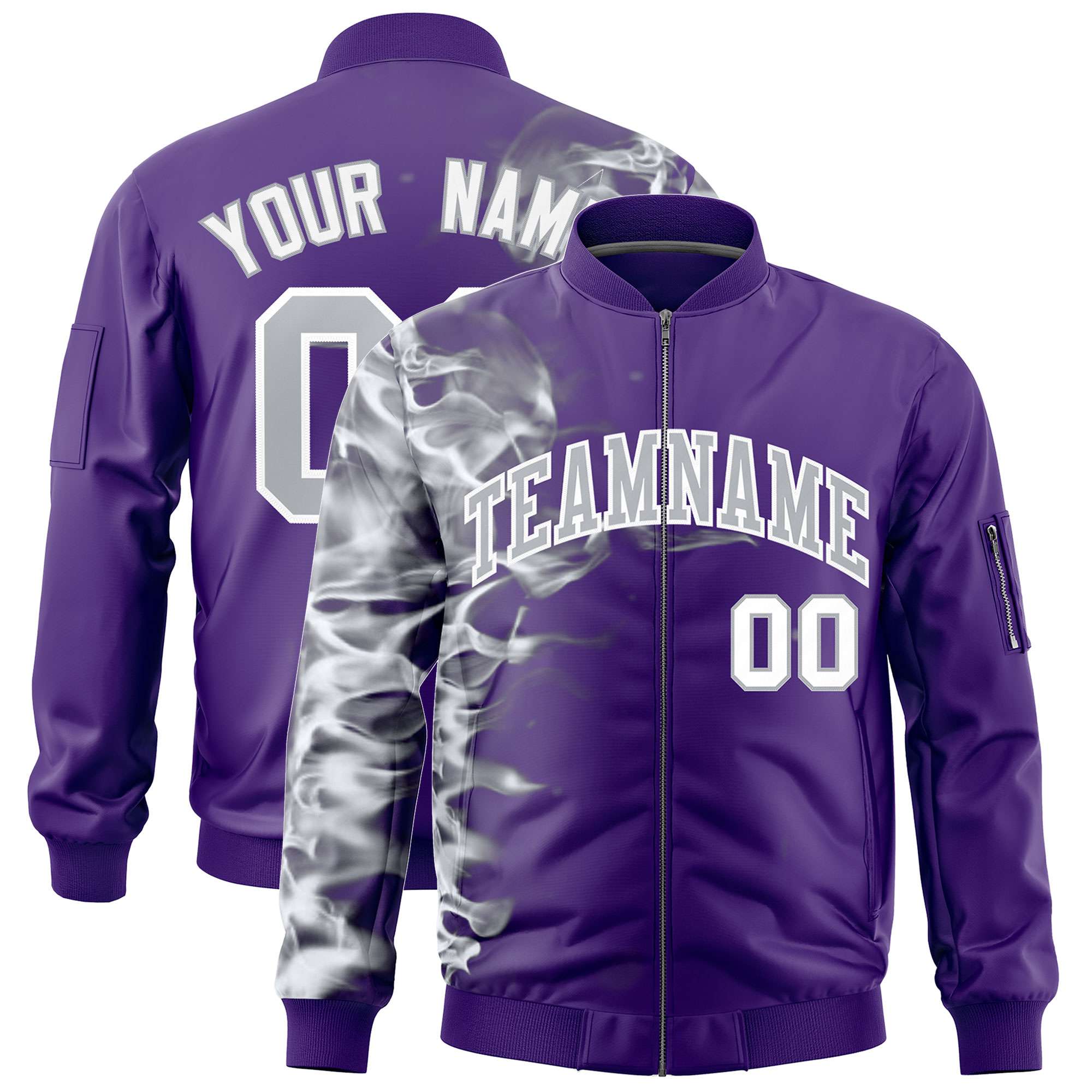 Custom Purple 3D Flame Varsity Full-Zip Letterman Bomber Jacket