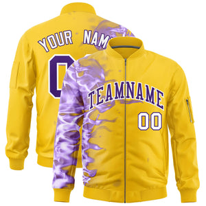 Custom Gold 3D Flame Varsity Full-Zip Letterman Bomber Jacket