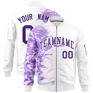 Custom White 3D Flame Varsity Full-Zip Letterman Bomber Jacket