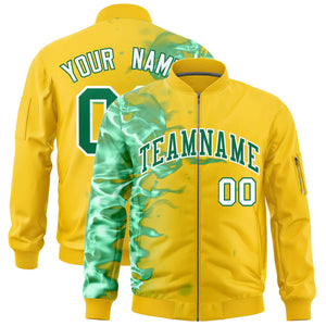 Custom Gold 3D Flame Varsity Full-Zip Letterman Bomber Jacket