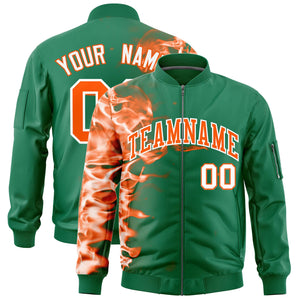 Custom Kelly Green 3D Flame Varsity Full-Zip Letterman Bomber Jacket