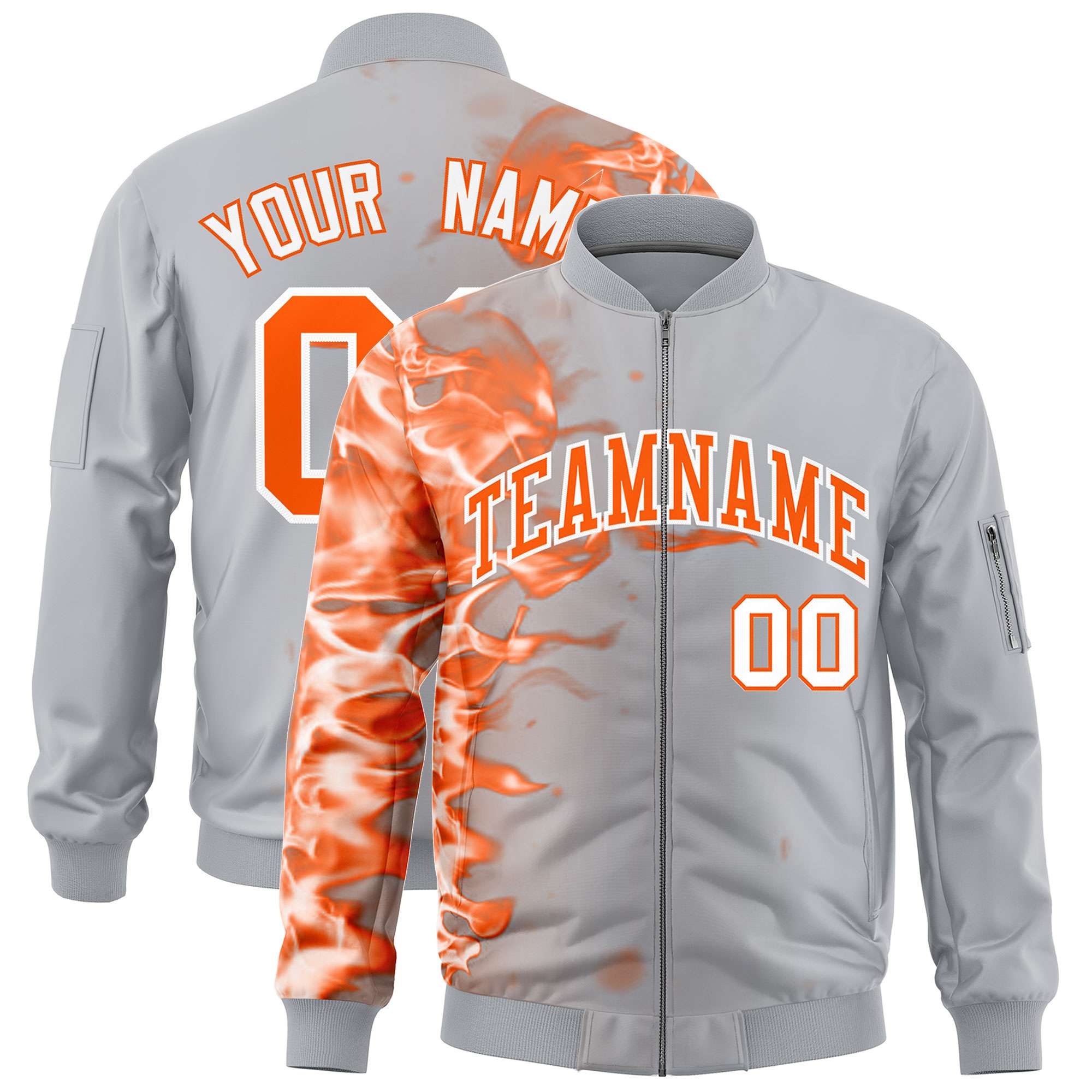 Custom Silver 3D Flame Varsity Full-Zip Letterman Bomber Jacket