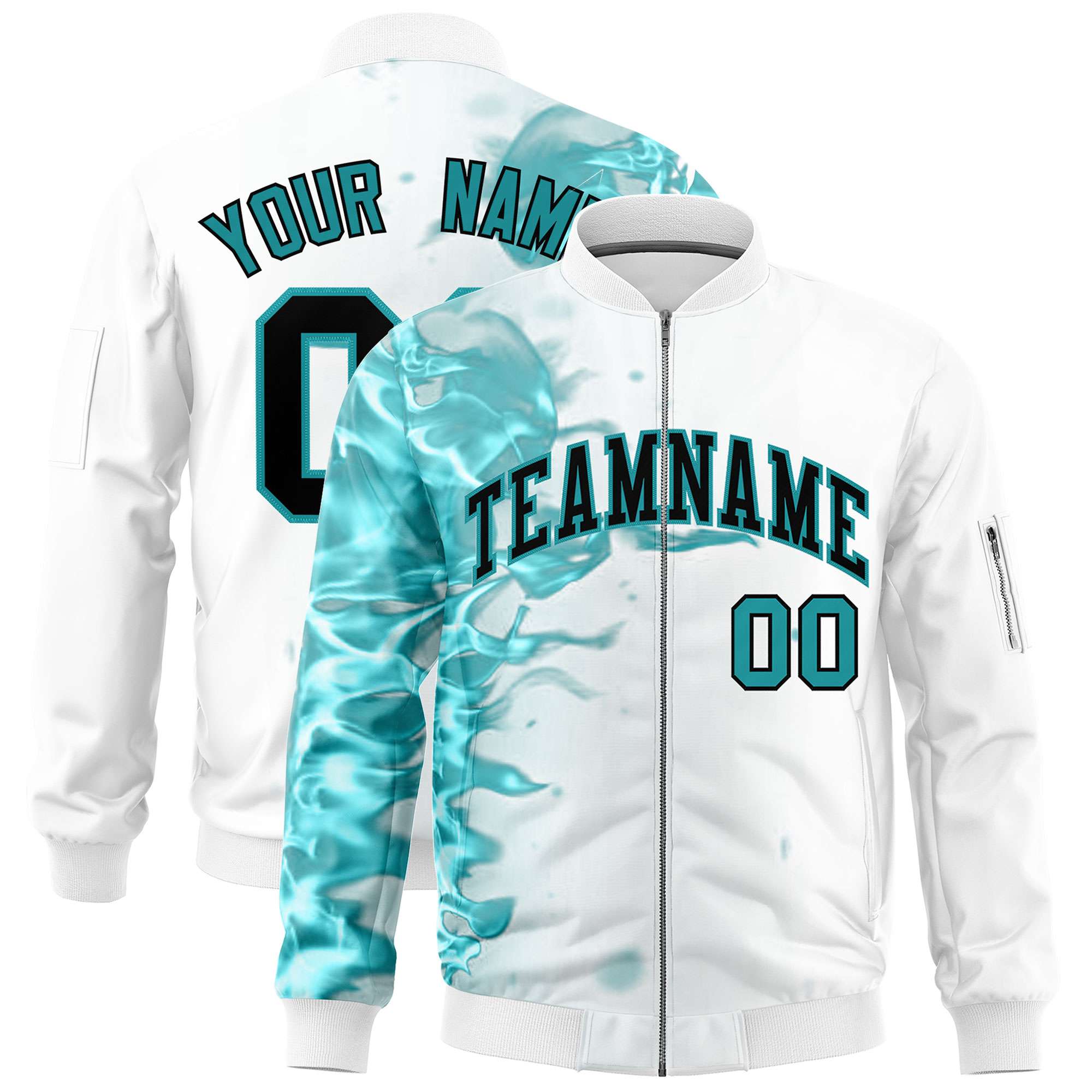 Custom White 3D Flame Varsity Full-Zip Letterman Bomber Jacket