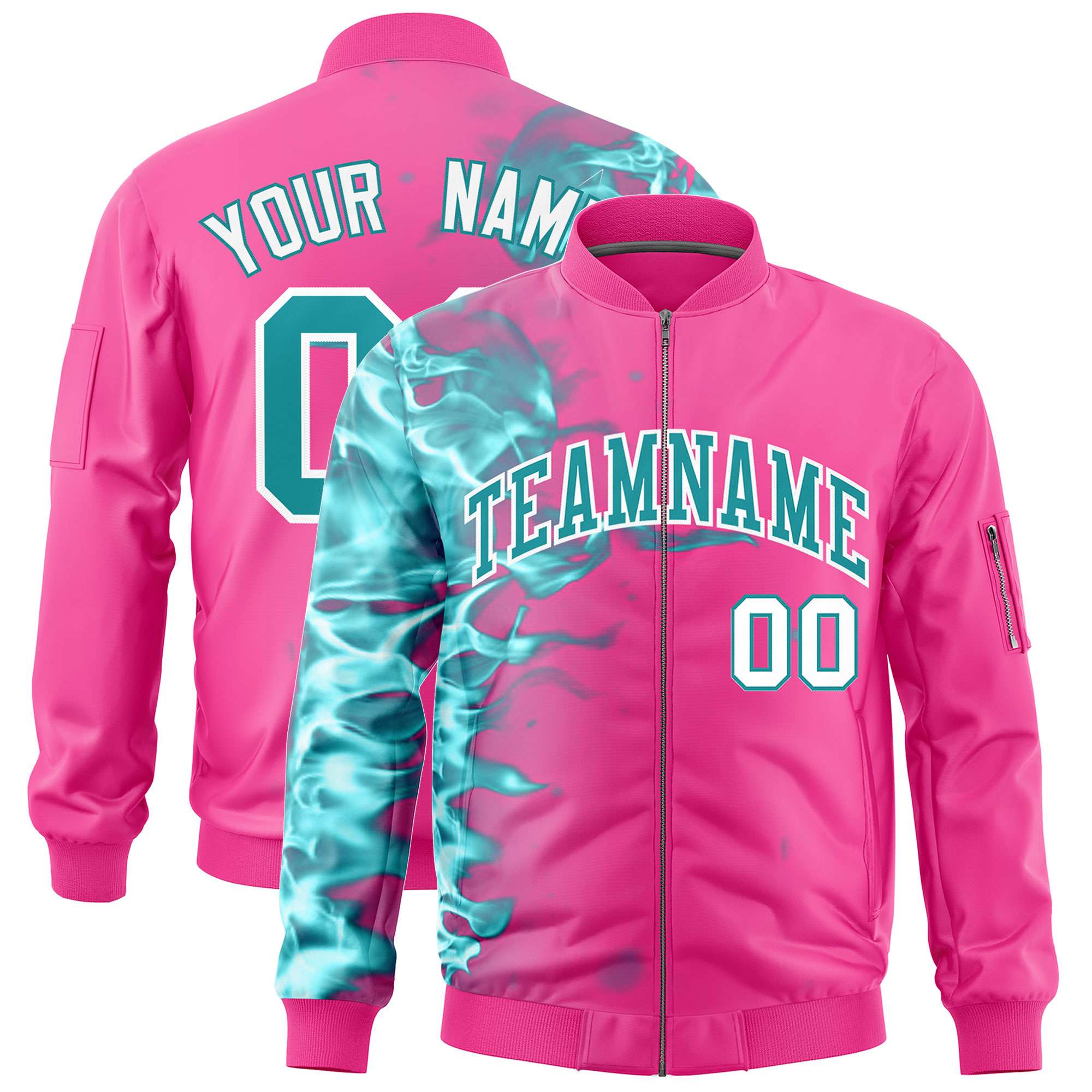 Custom Pink 3D Flame Varsity Full-Zip Letterman Bomber Jacket