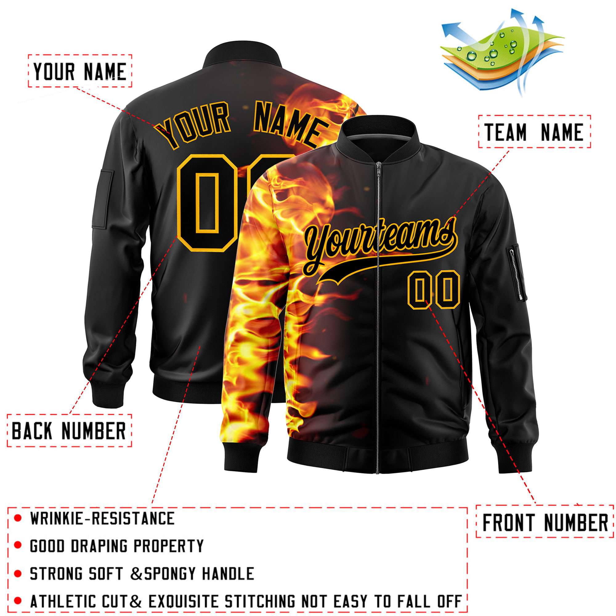 Custom Black 3D Flame Varsity Full-Zip Letterman Bomber Jacket