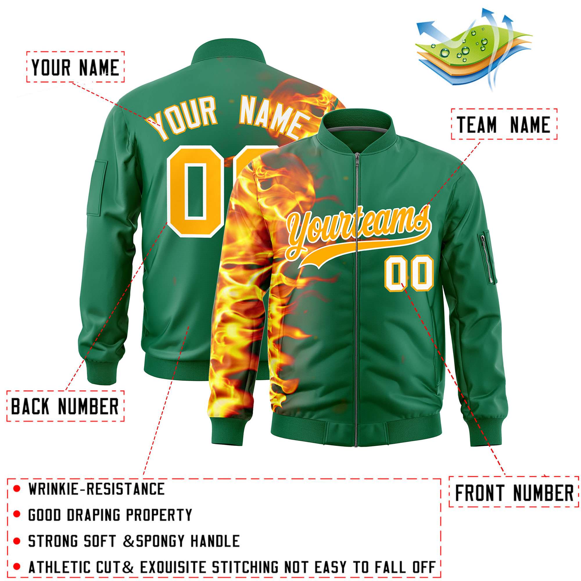 Custom Kelly Green 3D Flame Varsity Full-Zip Letterman Bomber Jacket