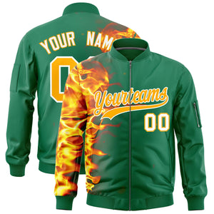 Custom Kelly Green 3D Flame Varsity Full-Zip Letterman Bomber Jacket