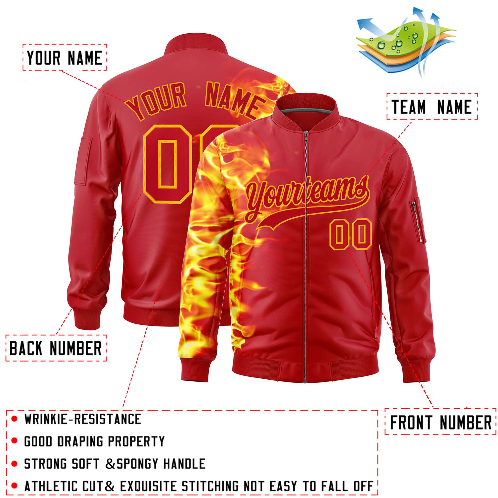 Custom Red 3D Flame Varsity Full-Zip Letterman Bomber Jacket