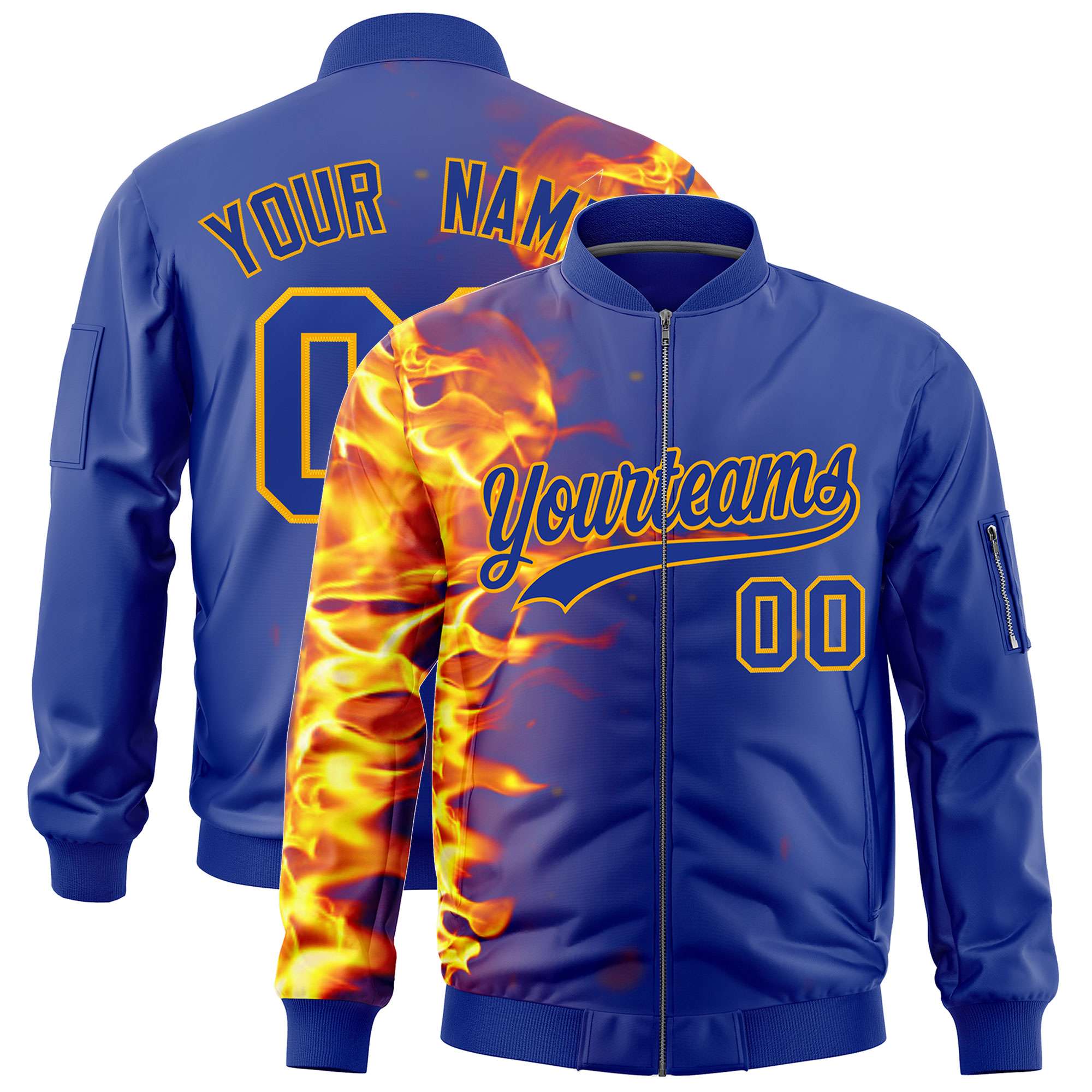 Custom Royal 3D Flame Varsity Full-Zip Letterman Bomber Jacket