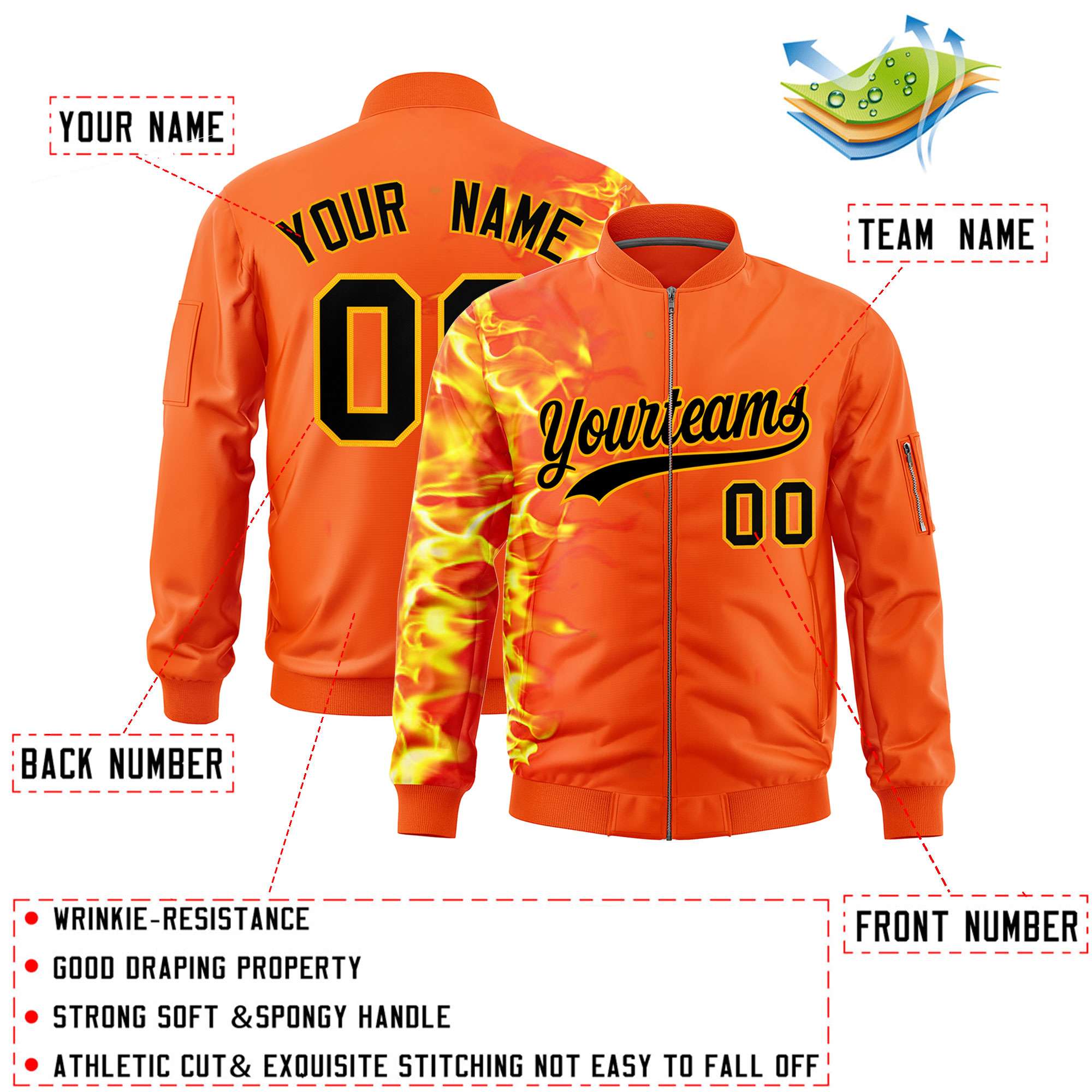 Custom Orange 3D Flame Varsity Full-Zip Letterman Bomber Jacket