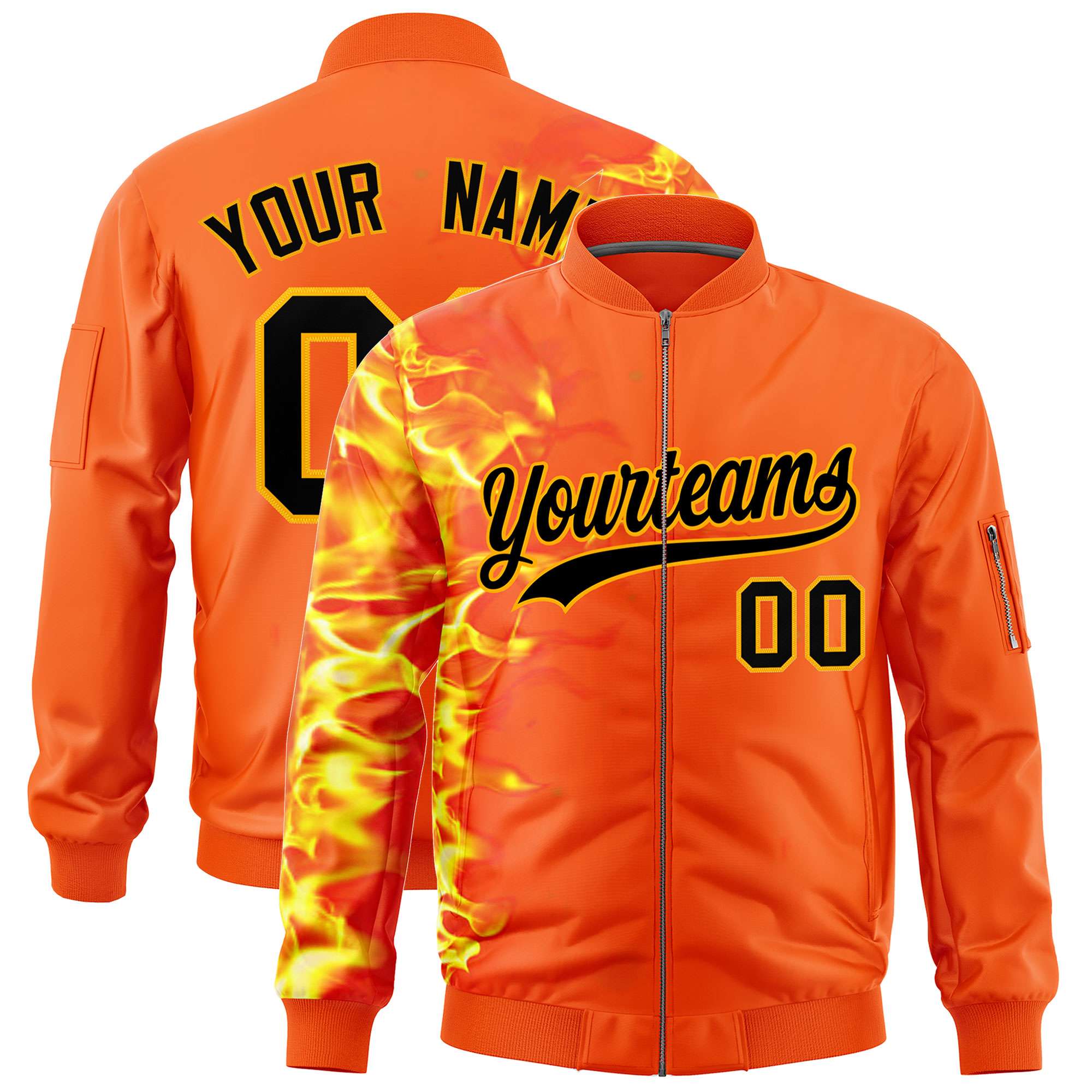 Custom Orange 3D Flame Varsity Full-Zip Letterman Bomber Jacket