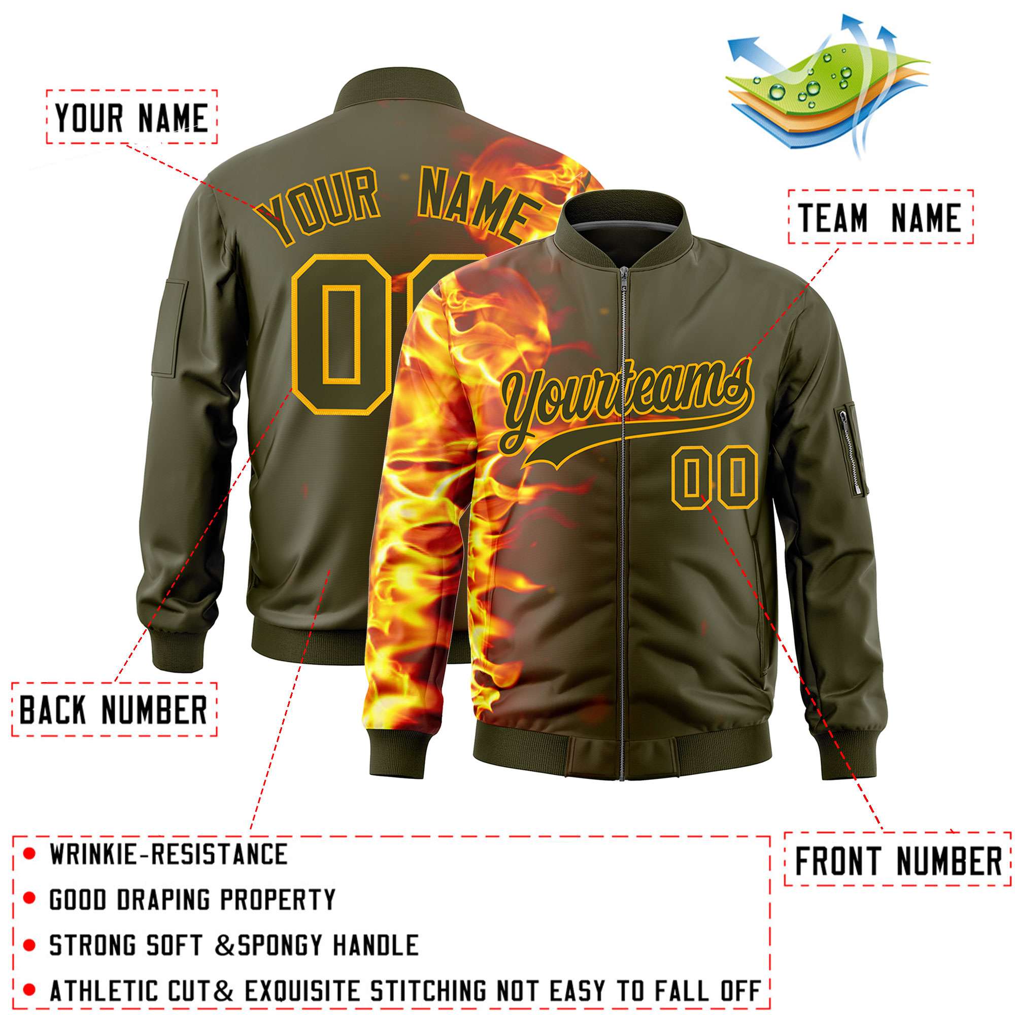 Custom Olive 3D Flame Varsity Full-Zip Letterman Bomber Jacket