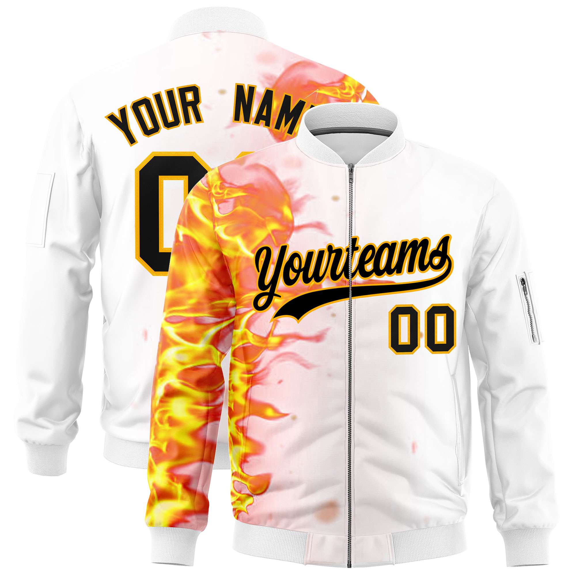 Custom White 3D Flame Varsity Full-Zip Letterman Bomber Jacket