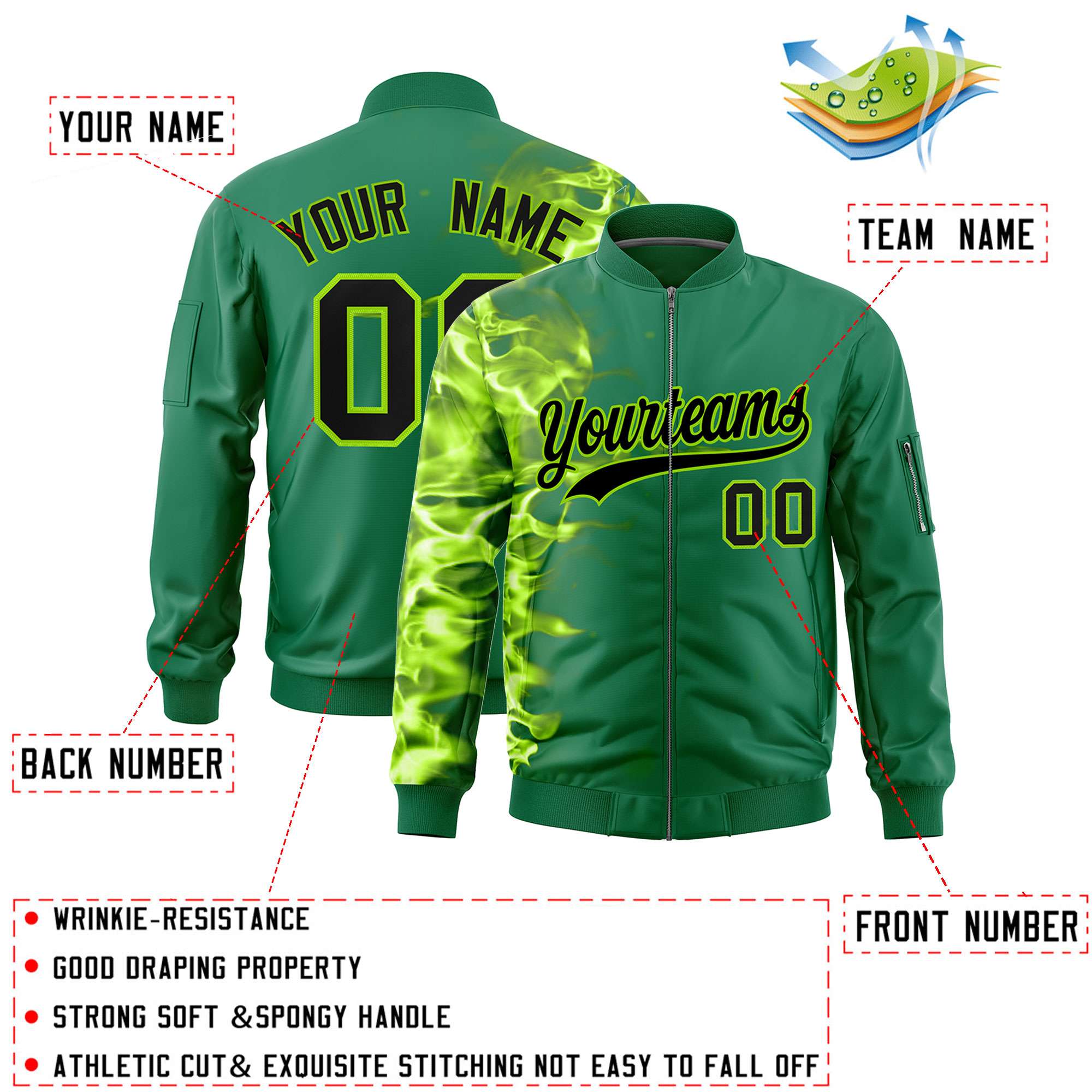 Custom Kelly Green 3D Flame Varsity Full-Zip Letterman Bomber Jacket