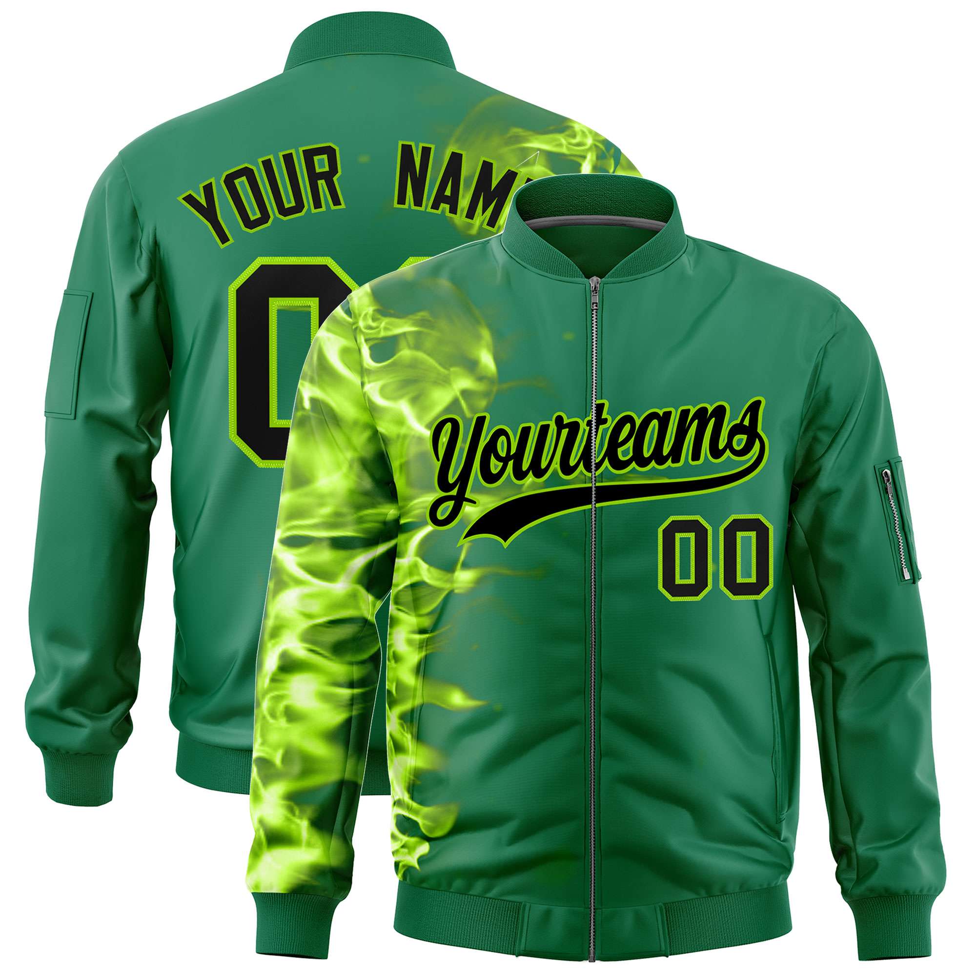 Custom Kelly Green 3D Flame Varsity Full-Zip Letterman Bomber Jacket