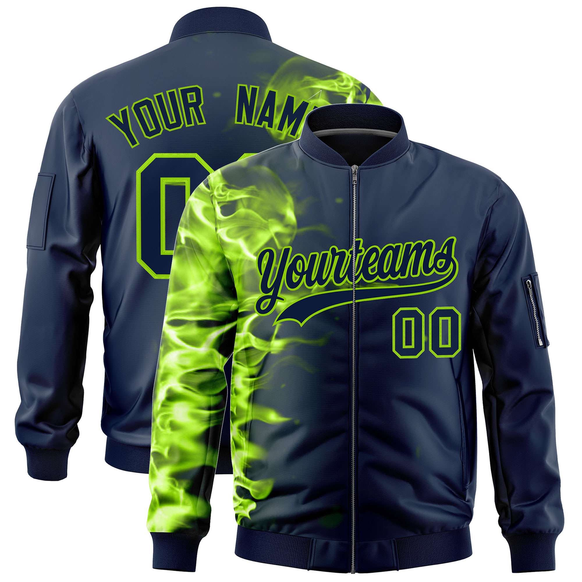 Custom Navy 3D Flame Varsity Full-Zip Letterman Bomber Jacket