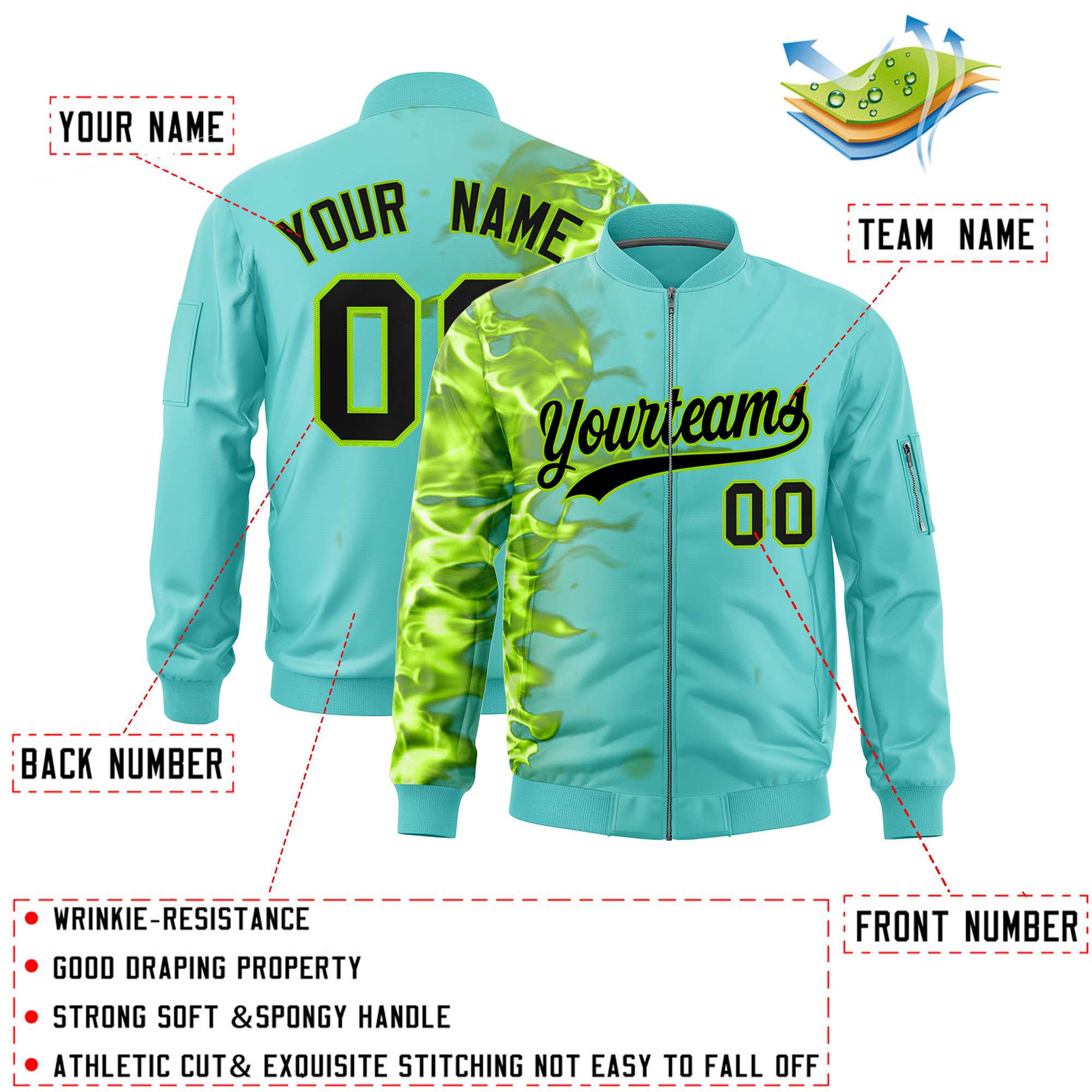 Custom Bright Green 3D Flame Varsity Full-Zip Letterman Bomber Jacket