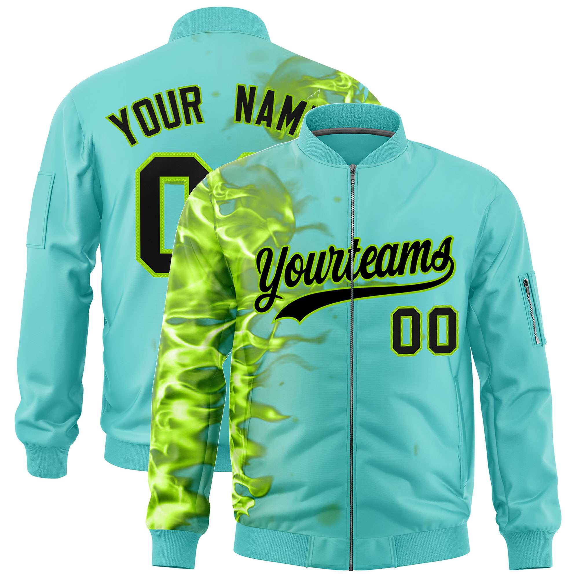 Custom Bright Green 3D Flame Varsity Full-Zip Letterman Bomber Jacket