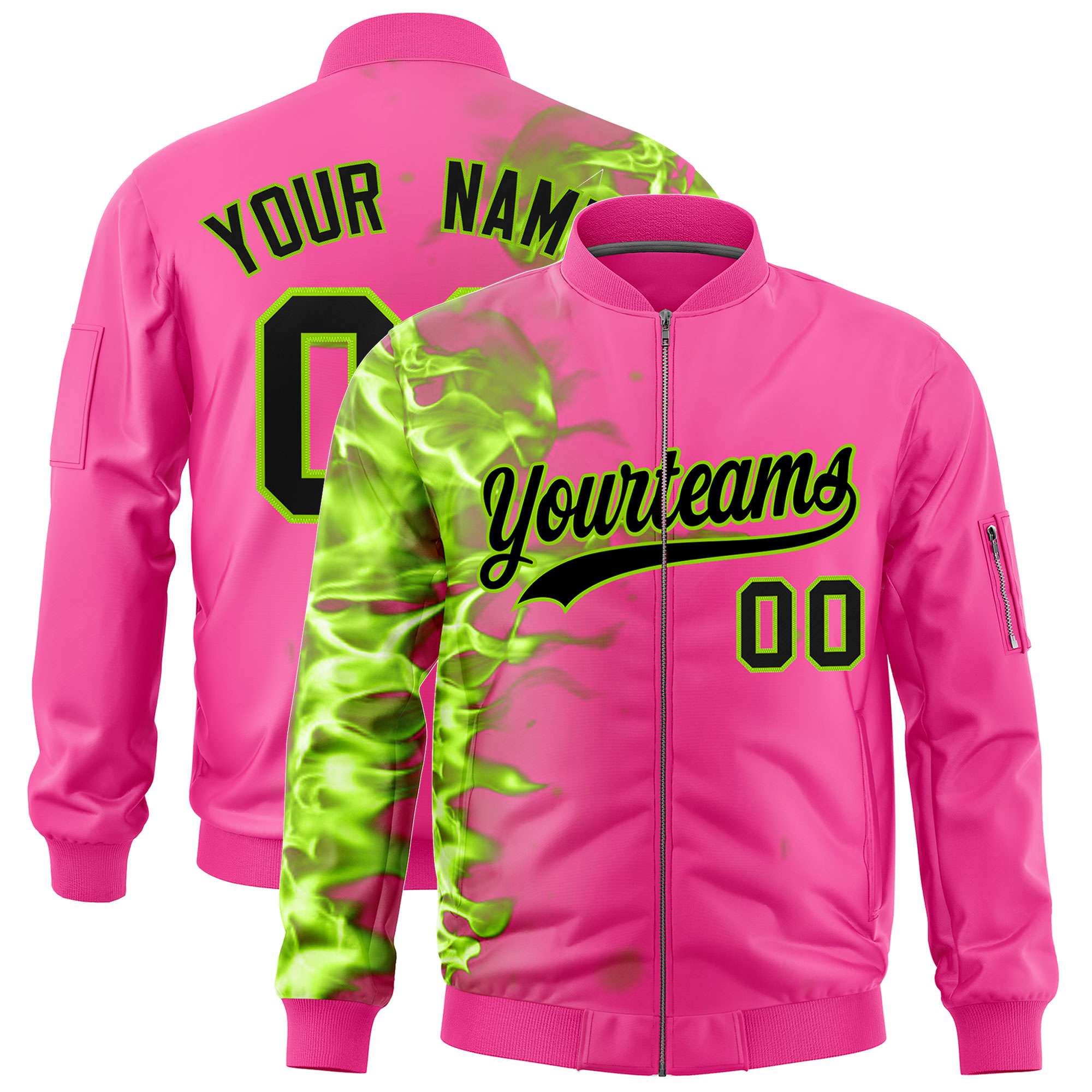 Custom Pink 3D Flame Varsity Full-Zip Letterman Bomber Jacket