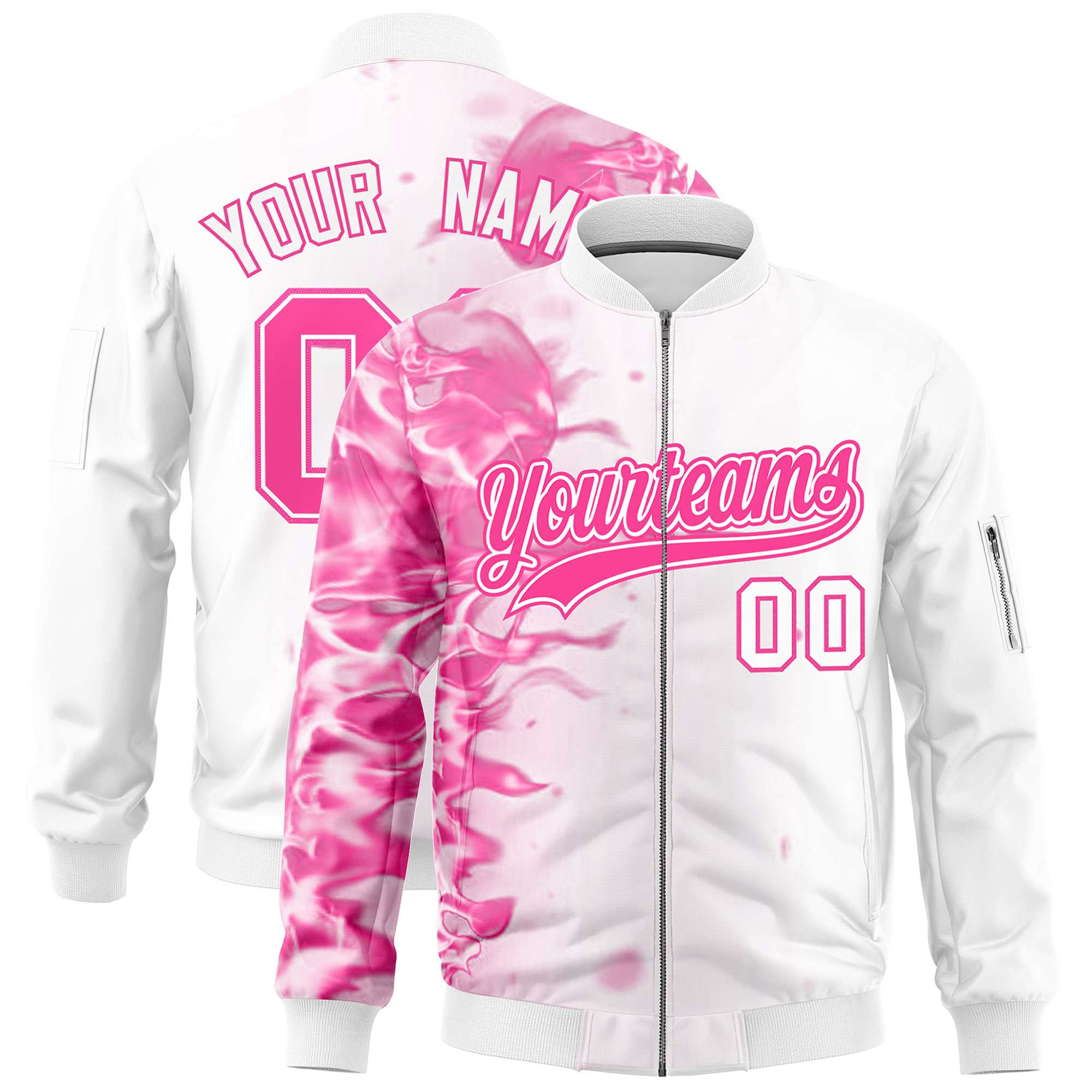 Custom White 3D Flame Varsity Full-Zip Letterman Bomber Jacket