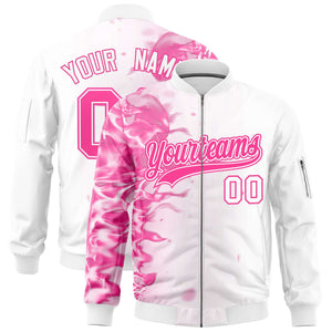 Custom White 3D Flame Varsity Full-Zip Letterman Bomber Jacket