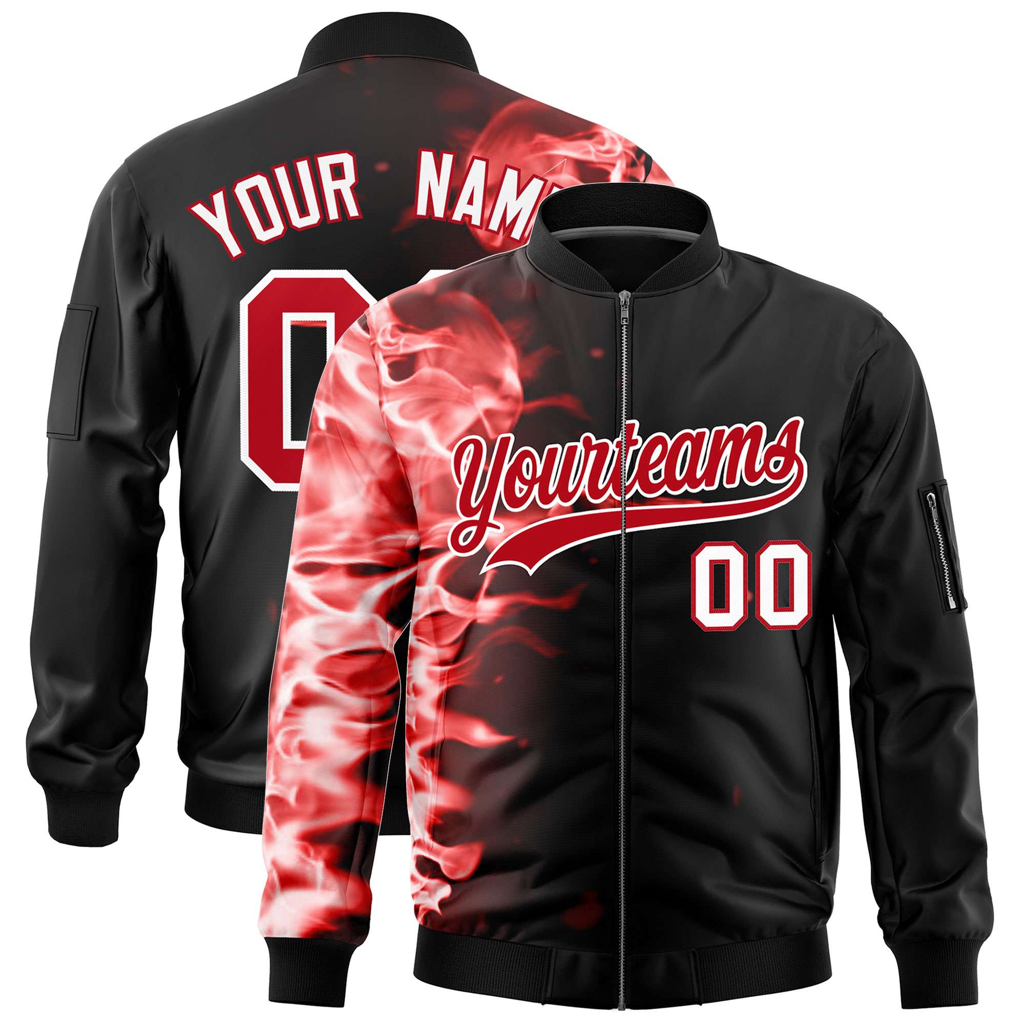 Custom Black 3D Flame Varsity Full-Zip Letterman Bomber Jacket