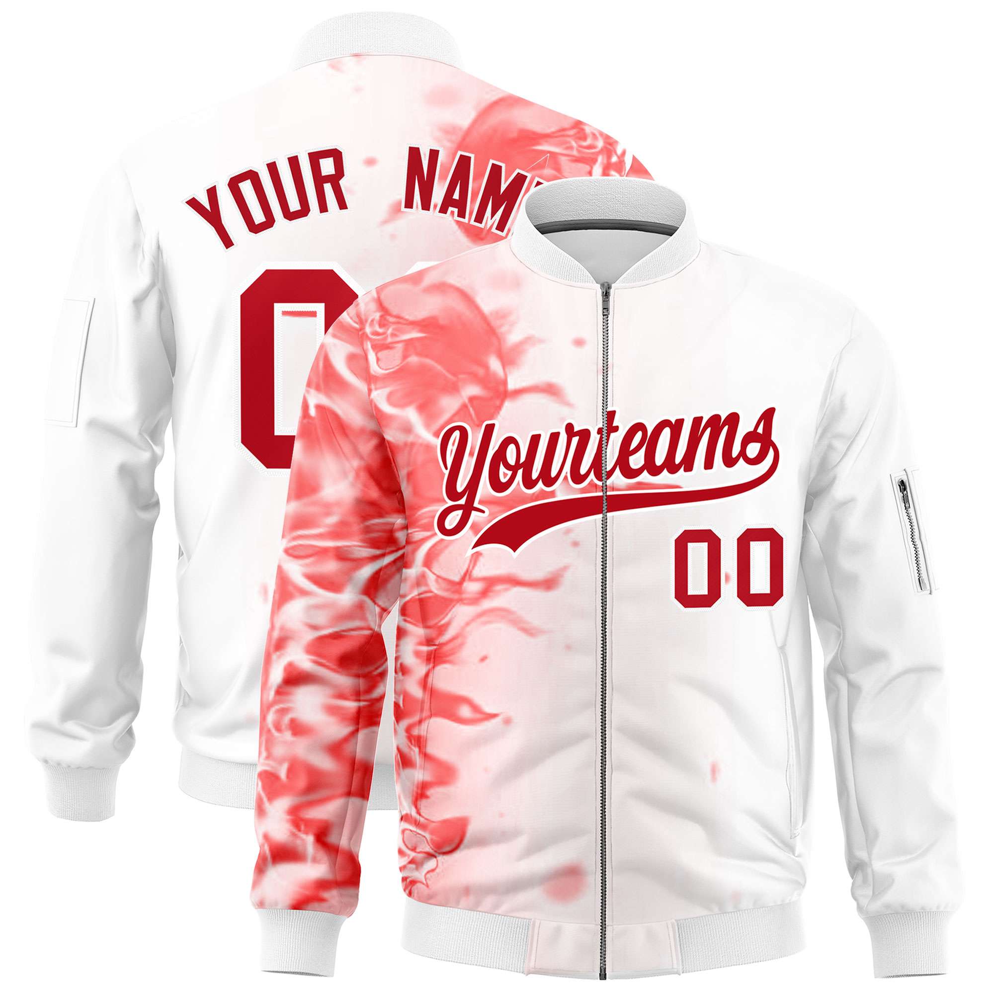 Custom White 3D Flame Varsity Full-Zip Letterman Bomber Jacket