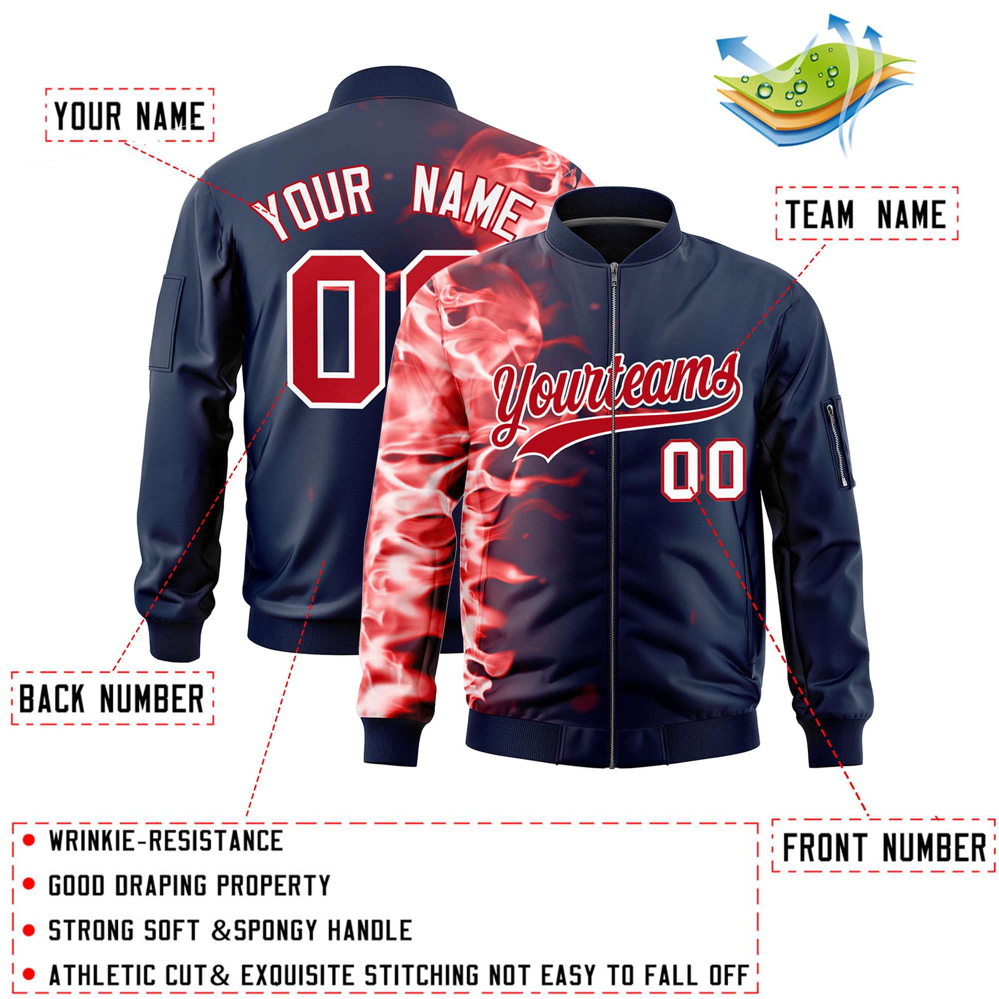 Custom Navy 3D Flame Varsity Full-Zip Letterman Bomber Jacket