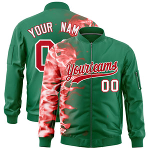 Custom Kelly Green 3D Flame Varsity Full-Zip Letterman Bomber Jacket