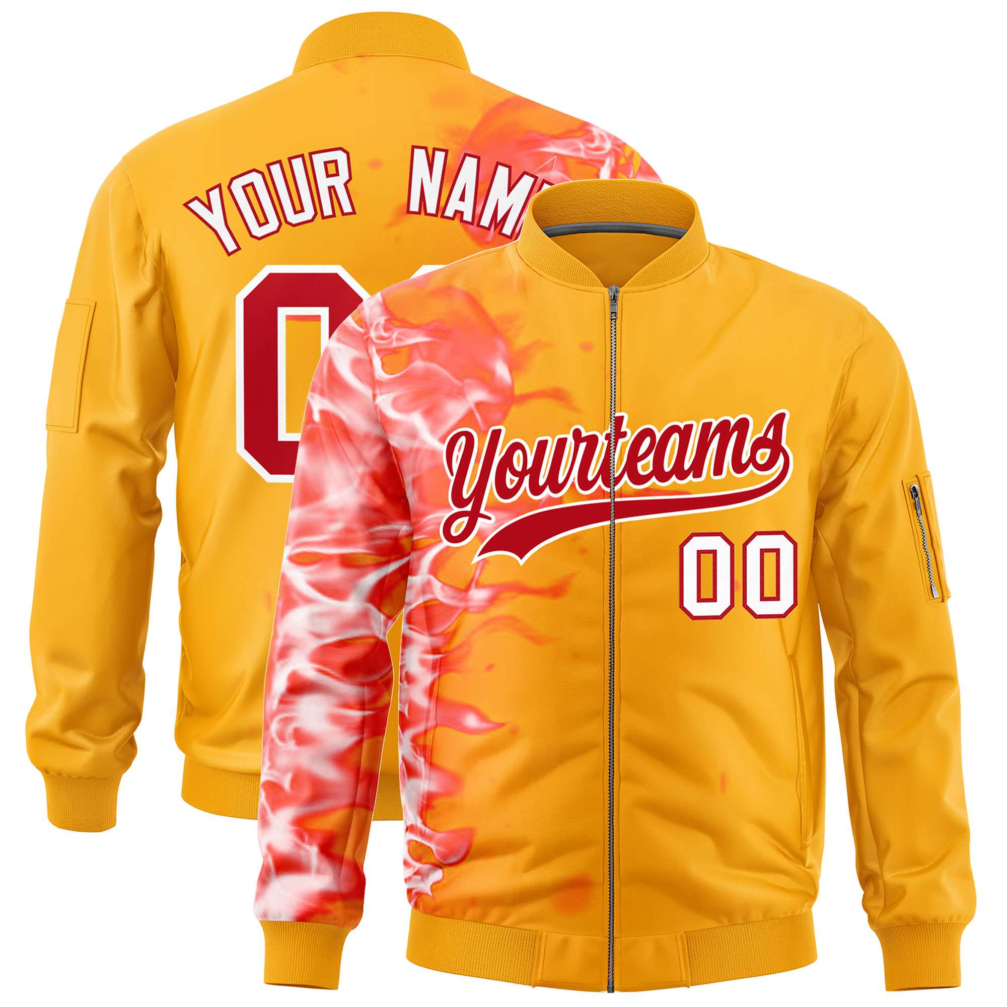 Custom Yellow 3D Flame Varsity Full-Zip Letterman Bomber Jacket