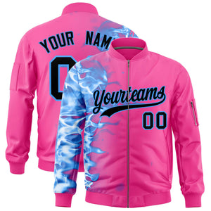 Custom Pink 3D Flame Varsity Full-Zip Letterman Bomber Jacket