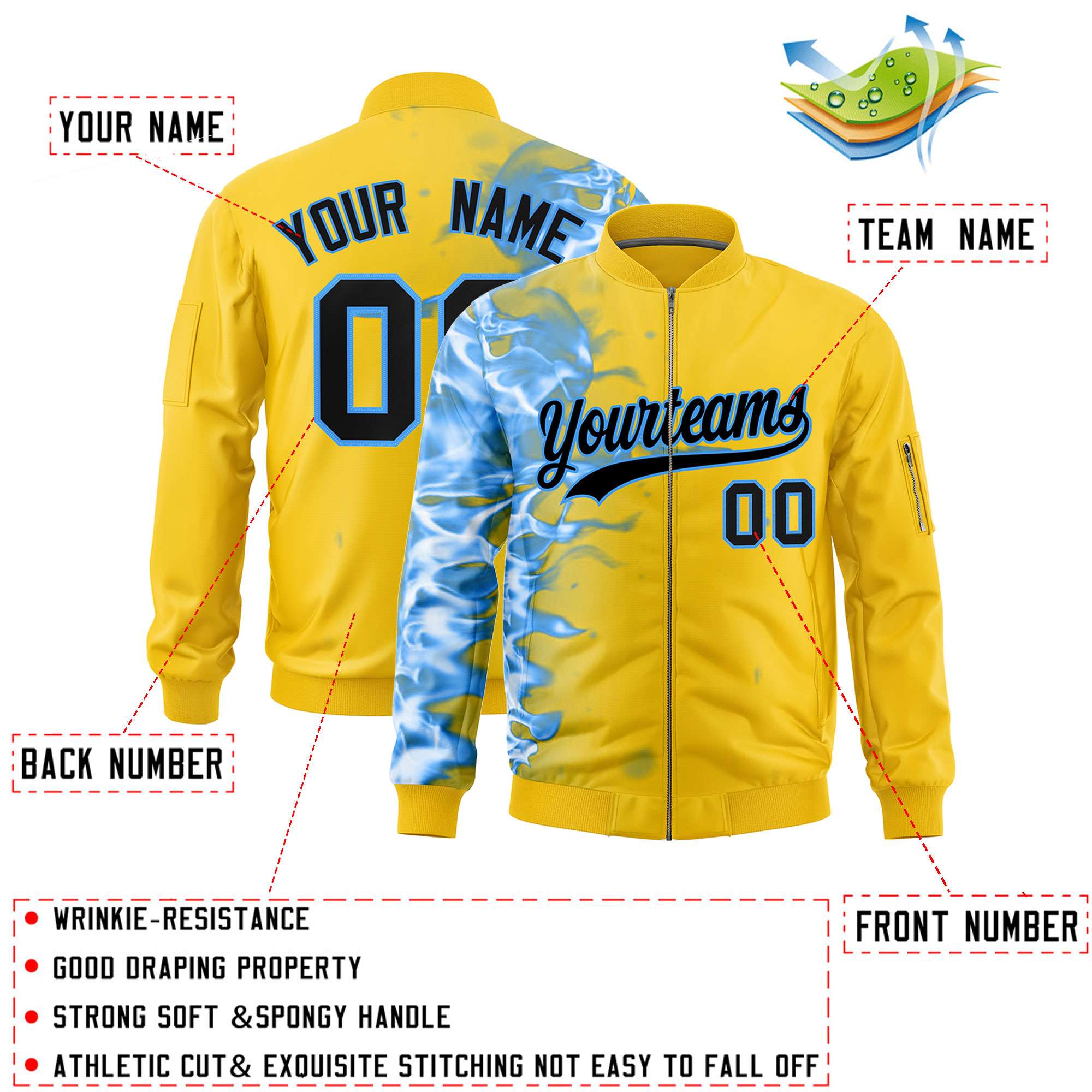 Custom Gold 3D Flame Varsity Full-Zip Letterman Bomber Jacket